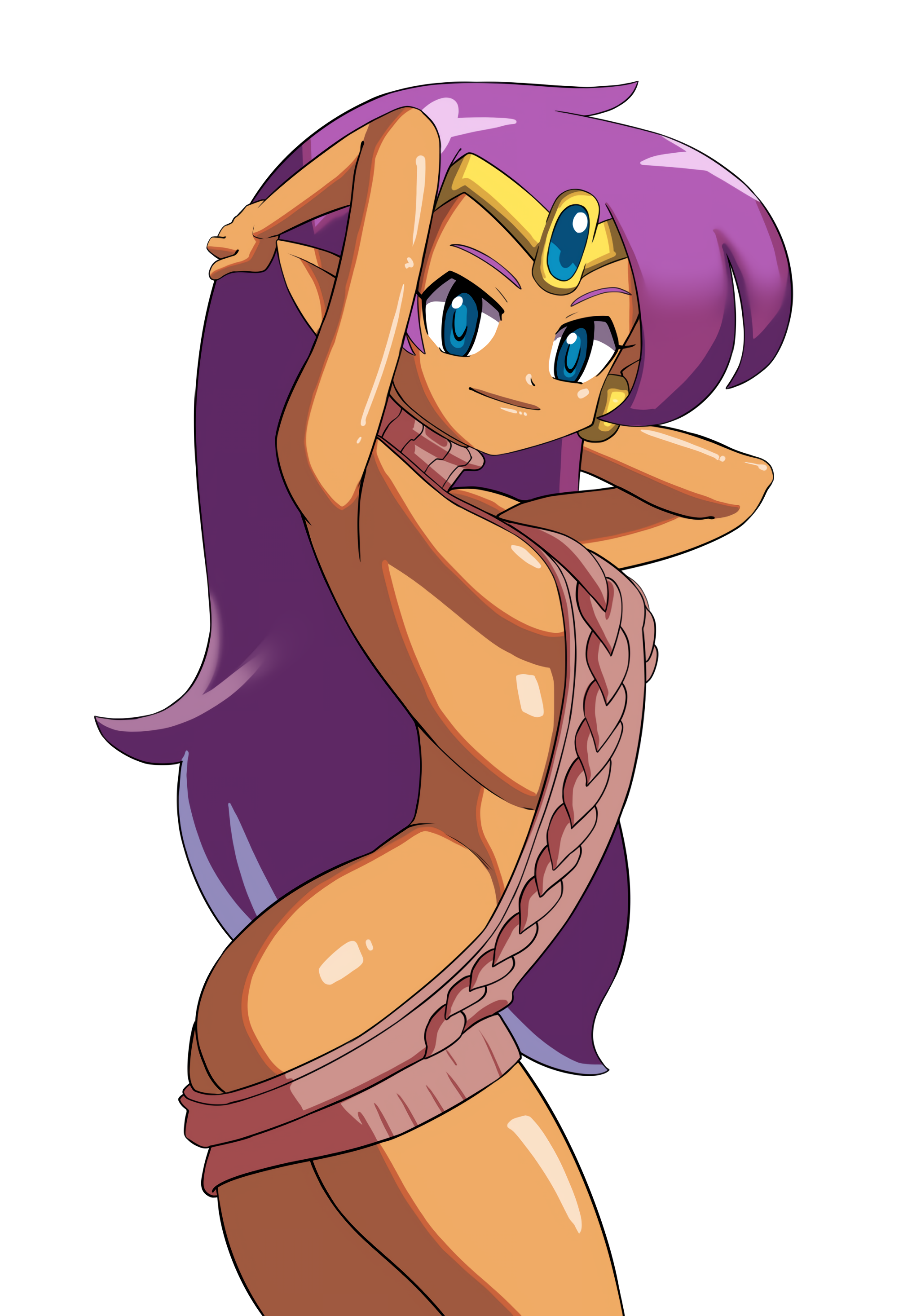 1girls, armpits, backless outfit, bare arms, bare back, bare shoulders, blue eyes, breasts, dark skin, dark-skinned female, dress, earrings, female, jewelry, long hair, looking at viewer, naked sweater, onemienix, pointy ears, purple hair, shantae, shantae (character), sideboob, smile, smooth skin, solo, standing, sweater, sweater dress, tiara, turtleneck, turtleneck sweater, virgin killer sweater