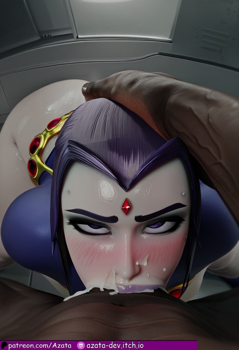 :>=, 1boy, 1girls, absurdly large cock, ai generated, azataai, blowjob, blowjob face, blue cape, blue hood, dark penis, dark skin, dark-skinned male, dc, dc comics, eye contact, female, grey skin, hero, hyper penis, imminent oral, impossible fit, interracial, looking at viewer, male, partial male, penis, penis on face, petite female, provocative, rachel roth, raven (dc), sweating, taller male, teen titans, touching face, veiny penis, voluptuous female