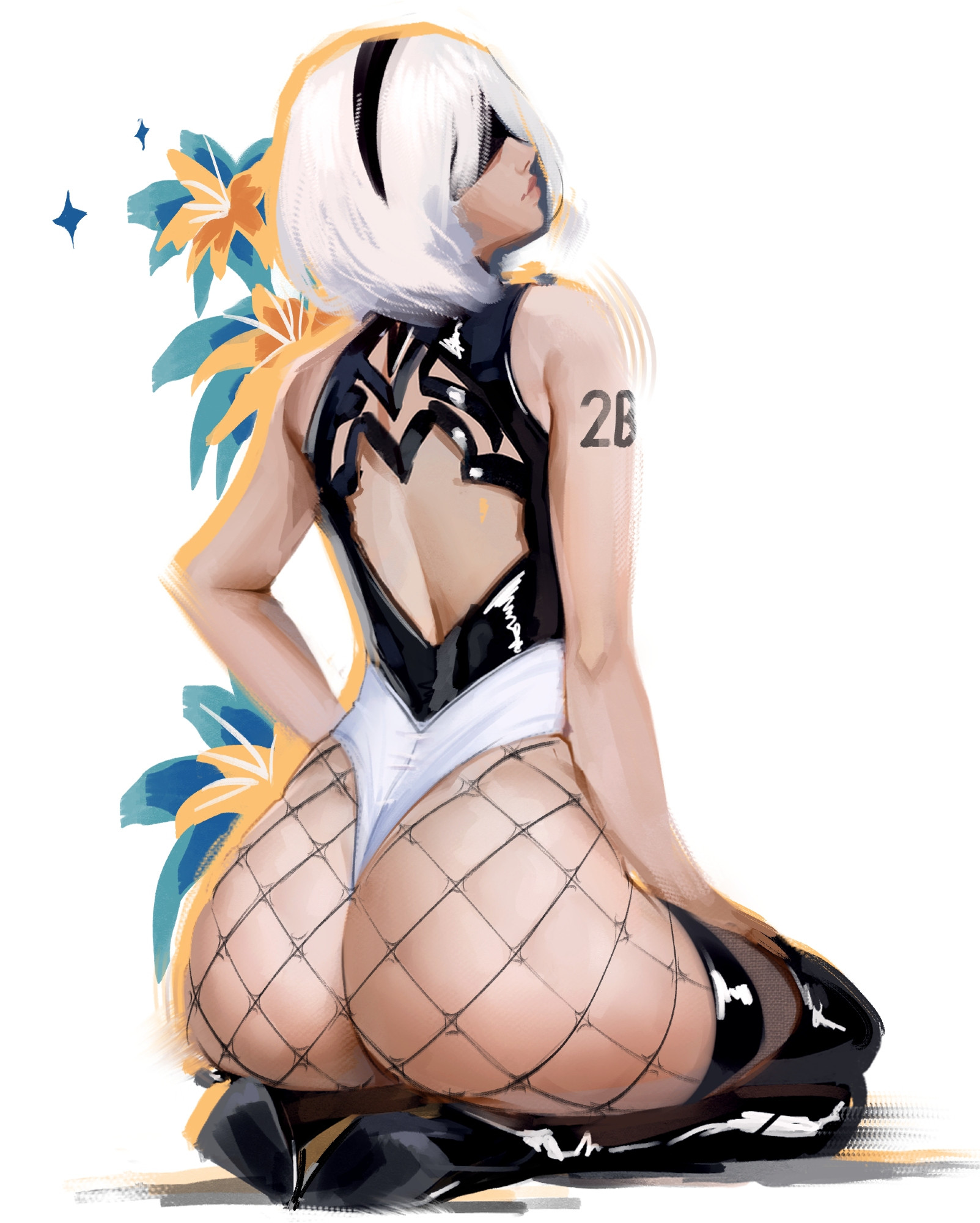 1girls, ass, back view, big ass, blindfold, digital drawing (artwork), digital media (artwork), dulapda, female, female only, fishnet legwear, fishnet stockings, fishnets, heels, high heels, huge ass, large ass, leather, leather boots, looking at viewer, looking back, looking over shoulder, nier, nier (series), nier replicant, nier: automata, short hair, white background, white hair, yorha 2b