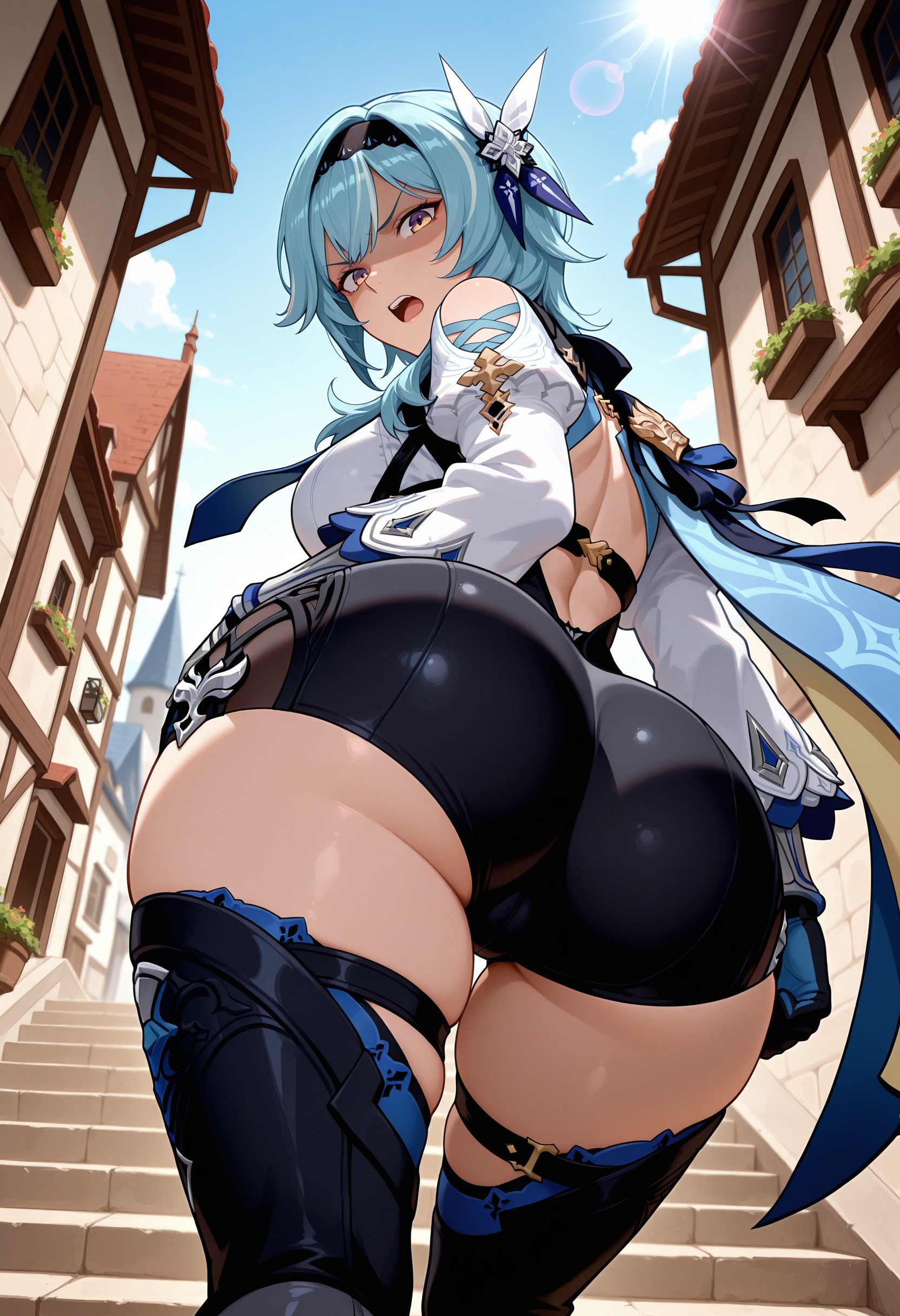 1girls, 2025, ai generated, ass, ass focus, big breasts, blue hair, breasts, day, eula (genshin impact), female, female only, genshin impact, hi res, high quality, high resolution, highres, huge ass, larry7, light-skinned female, solo, stable diffusion, stairs, thighs, two-tone eyes