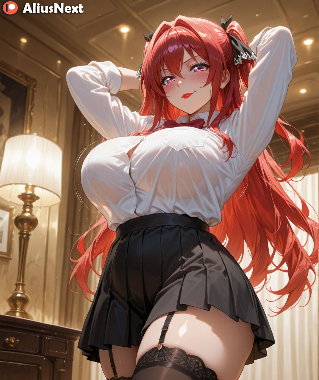 1girls, 2025, ai generated, aliusnext, anime, big ass, big breasts, breasts, female, female only, hi, high, highres, huge ass, huge breasts, light skin, light-skinned female, lingerie, massive ass, massive breasts, mature, mature female, naruse mio, patreon, pink eyes, quality, red hair, res, resolution, shinmai maou no testament, stockings, style, sweat, sweatdrop, sweating, sweaty, sweaty body, sweaty breasts, thick, thick ass, thick hips, thick legs, thick lips, thick thighs, twintails, uncensored, username, voluptuous, voluptuous body, voluptuous female, watermark