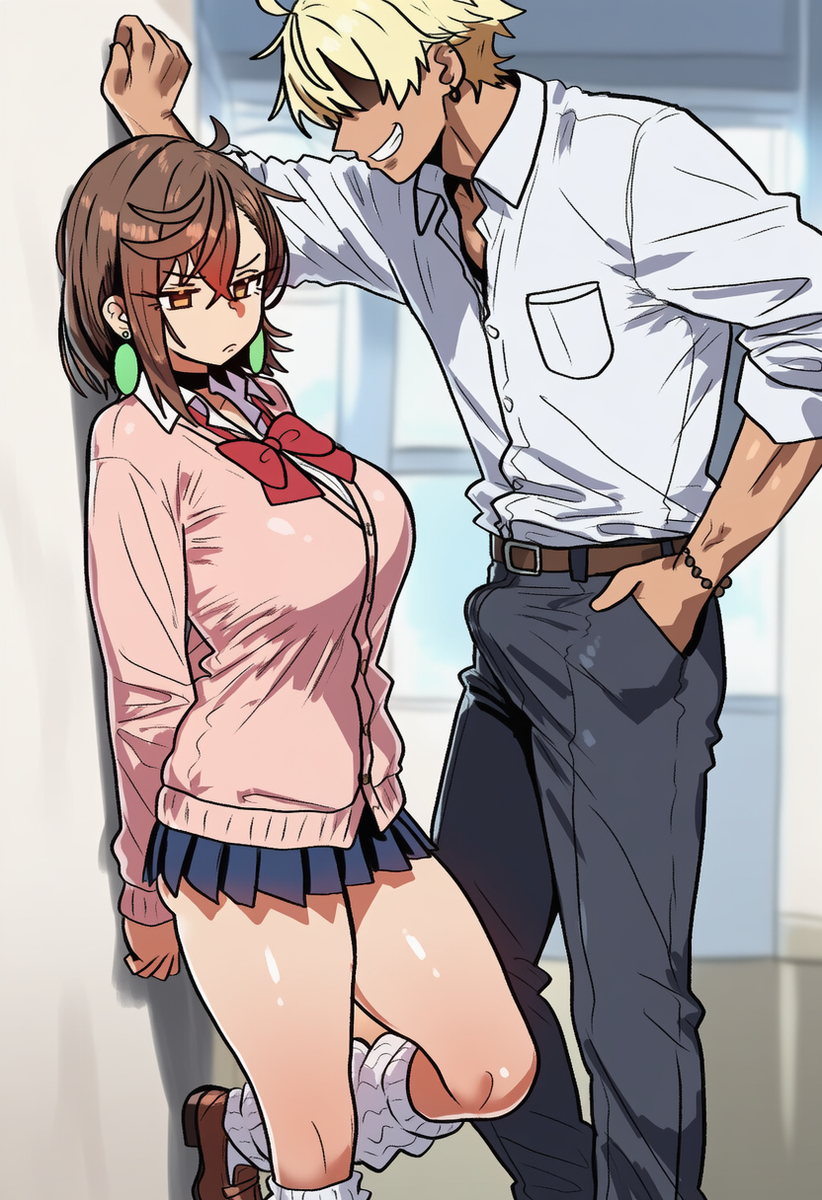 against wall, ai generated, ayase momo, bowtie, breasts, dandadan, dark-skinned male, earrings, erection, faceless male, female, grin, gyaruo, imminent rape, kabedon, large breasts, male, microskirt, school uniform, sweeetdonnut
