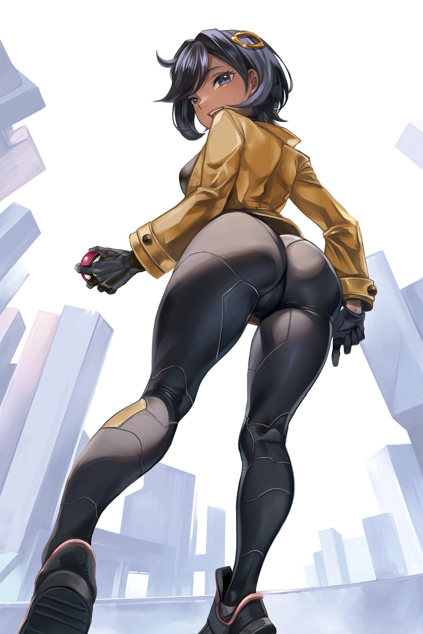 1girls, ass, bodysuit, camel toe, cameltoe, city, coat, emma (pokemon legends: z-a), emma (pokemon), female, female only, from below, full body, fully clothed, game freak, human, human only, jacket, jajanome, jpeg, matiere (pokemon legends: z-a), matiere (pokemon), nintendo, plump labia, poke ball, pokeball, pokemon, pokemon legends: z-a, puffy vulva, pussy, skin tight, smile, solo, standing, thick thighs, tomboyish, trefoil, upper teeth only, wide hips