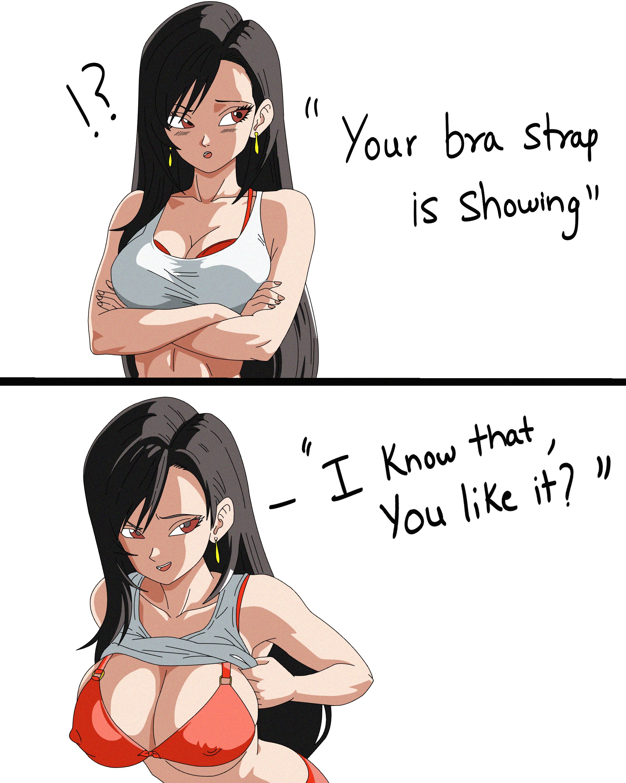 1girl, 1girls, big boobs, big breasts, black hair, black hair female, boobs, bra, bra strap is showing (meme), breasts, clothed, clothed female, female, female focus, female only, final fantasy, final fantasy vii, flashing, flashing breasts, flirting, flirting with viewer, large boobs, large breasts, lifting shirt, light skin, light-skinned female, long hair, long hair female, offscreen character, red bra, red eyes, red eyes female, solo, solo female, solo focus, square enix, standing, standing up, teasing, teasing viewer, tifa lockhart, twitter, video game character, video game franchise, video games