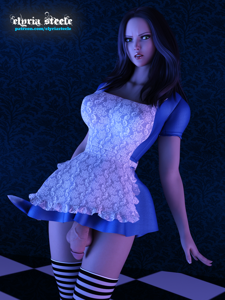 1futa 3d alice_(madness_returns) alice_in_wonderland alice_liddell alice_madness_returns american_mcgee's_alice balls_under_clothes bottomless_skirt breasts curvy elyria_steele erect_nipples flaccid french_nails futa_only futa_sans_pussy futanari huge_breasts large_penis looking_at_viewer nipple_bulge nipples penis penis_out penis_under_clothes penis_under_skirt realistic skirt solo solo_futa wide_hips