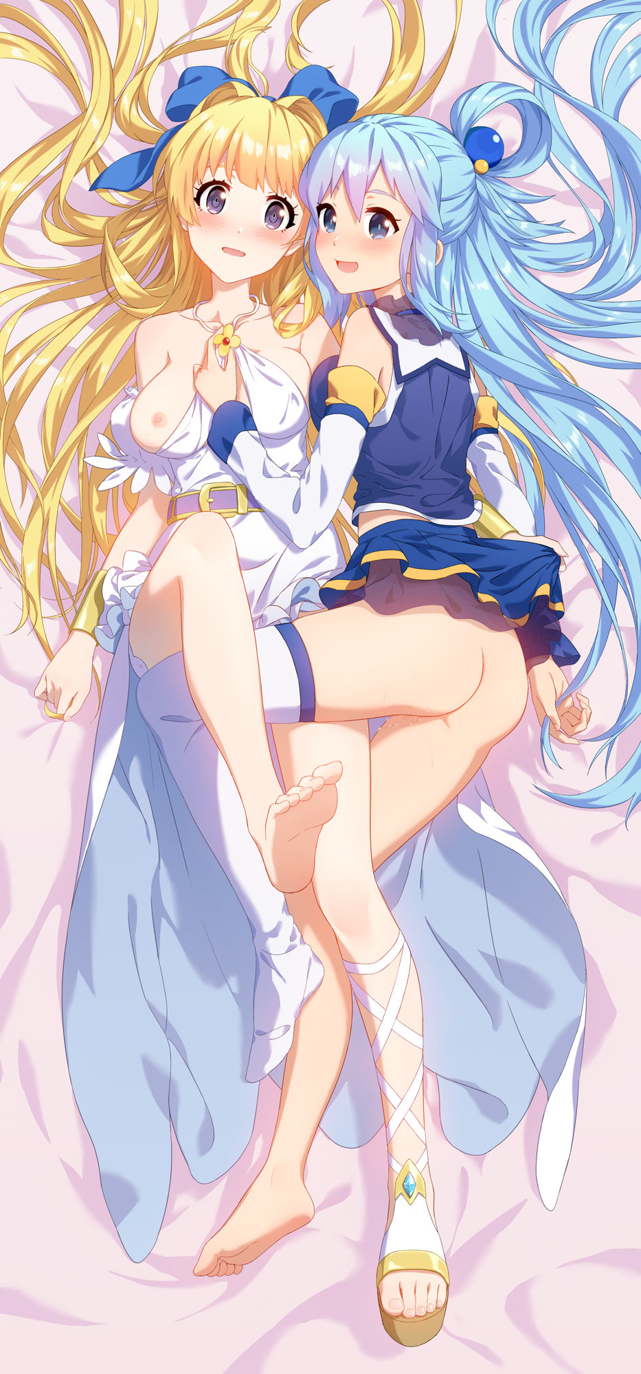 2girls aqua_(konosuba) ass bangs bare_shoulders barefoot blonde_hair blue_bow blue_dress blue_eyes blue_hair blush bow breasts bubu_(pixiv_44885189) crossover dakimakura detached_sleeves dress feet female female_only goddess hair_intakes hair_ornament hair_rings hairbow high_resolution kono_subarashii_sekai_ni_shukufuku_wo! kono_yuusha_ga_ore_tueee_kuse_ni_shinchou_sugiru large_breasts long_hair long_sleeves looking_at_viewer lying multiple_girls nipples nopan on_back open_mouth purple_eyes ristarte_(kono_yuusha_ga_ore_tueee_kuse_ni_shinchou_sugiru) skirt smile socks soles thigh_socks thighhighs toes very_long_hair white_dress white_socks yuri