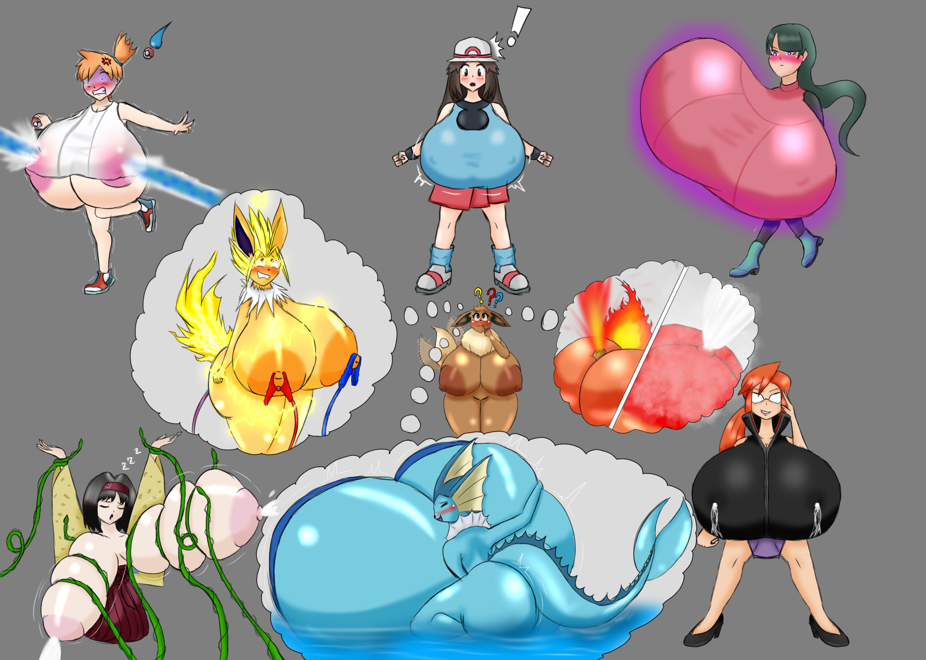 2025, 9girls, aged up, ass, ass bigger than head, ass expansion, between buttocks, blue skin, blush, blush lines, breast expansion, breast growth, breast growth (enlargement), breast hold, breasts, breasts bigger than head, cleavage, eevee, eeveelution, electricity, electrostimulation, erika (pokemon), female, female only, fish, flaming tail, flareon, furry, furry female, generation 1 pokemon, gigantic breasts, grey background, horny, horny female, huge ass, huge breasts, huge thighs, human, humanoid, hyper, hyper ass, hyper breasts, jolteon, kasumi (pokemon), kimono, lactation, large areolae, leaf (pokemon), lorelei (pokemon), massive ass, massive breasts, milk, milking, nipples, oblivious, orgasm, orgasm face, pokemon, pokemon (species), puffy nipples, sabrina (pokemon), shivering, simple background, sleeping, steam, steamy breath, suprised, tail, tentacle, vaporeon, water, wet clothes, whyhyper69