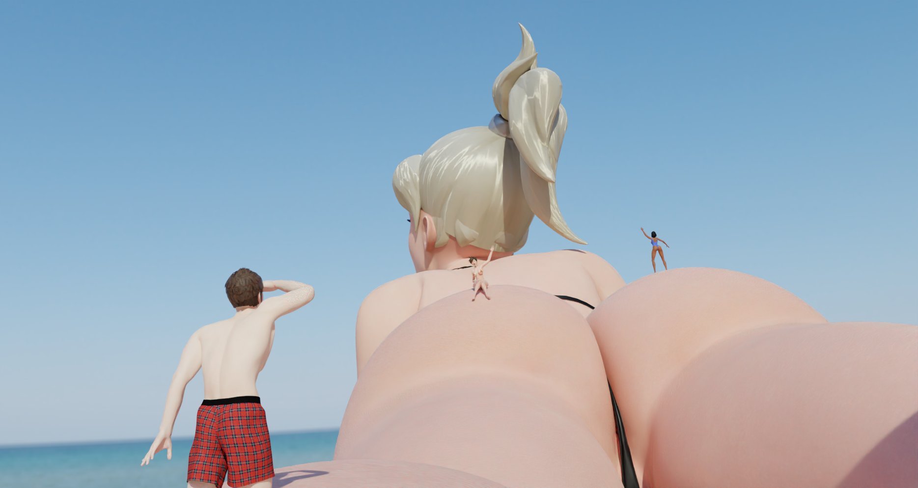 3d, 3girls, beach, envlight, exposed ass, female, giantess, lowres, mercy, micro, overwatch, pharah, tracer