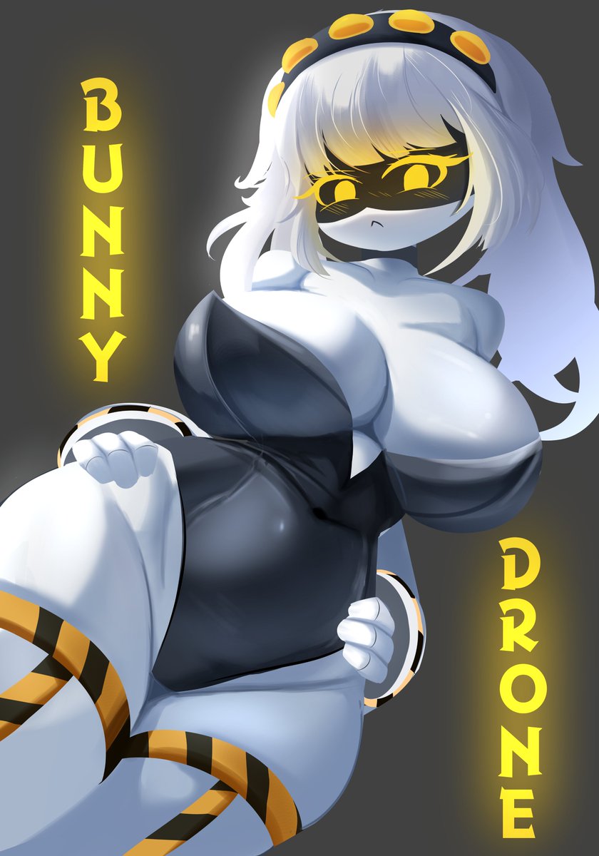 alaki zezo, big breasts, breasts, bunnysuit, cleavage, curvaceous, curvy, curvy body, curvy female, curvy figure, cute, cute expression, cute eyes, cute face, cute female, female, female only, flustered, garter straps, hands on hips, j (murder drones), long hair, murder drones, robot, solo, white hair