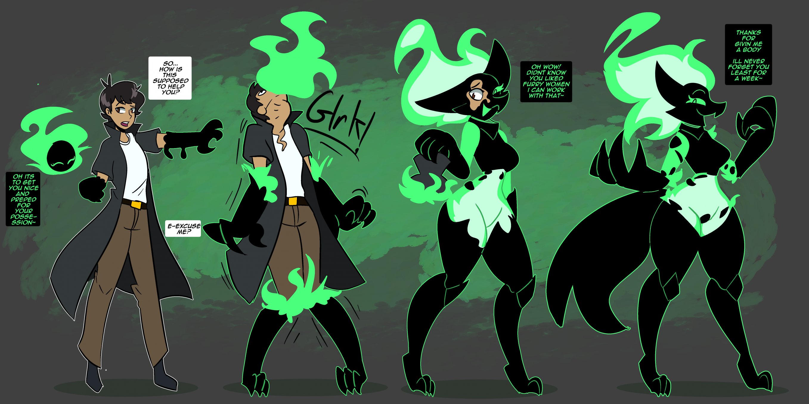 body invasion, demon girl, entropic imp, female, fire hair, furry tail, gender transformation, green eyes, male, open mouth, oral, oral possession, penetration, possession, tagme (artist), takeover, throat bulge, transformation