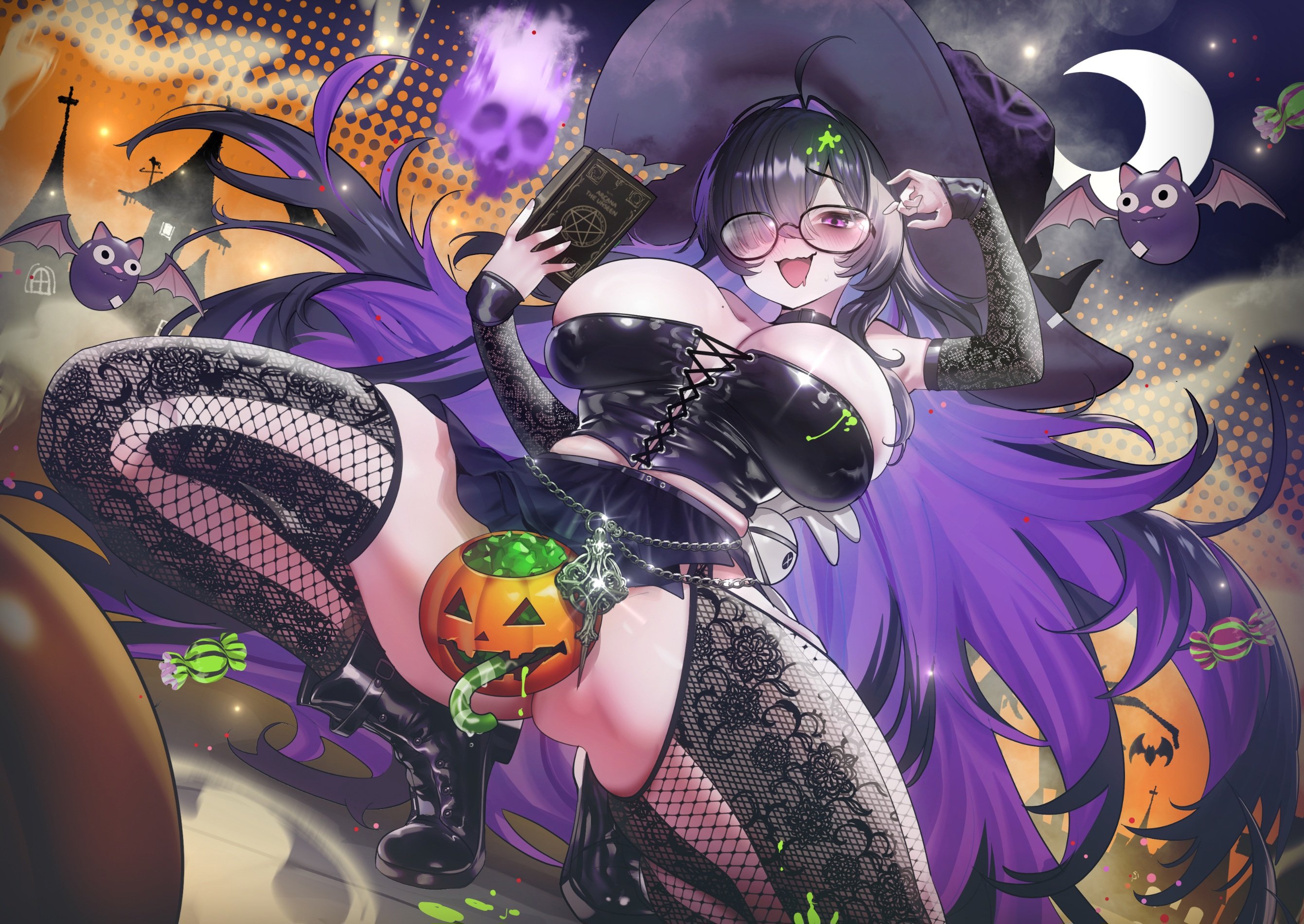 1girls, accessories, accessory, ahoge, alternate outfit, armwear, ass, background, bat, belly squish, big ass, big breasts, big thighs, black clothing, blush, blushing, boots, braless, breasts, breasts apart, breasts bigger than head, candy, censored pussy, choker, clothed, clothed female, convenient censoring, corset, covered pussy, covered vagina, crotch view, dark hair, detailed background, detatched sleeves, female, female focus, fishnet thighhighs, glasses, gloves, goddess of victory: nikke, hair intakes, hair over one eye, hair vents, halloween, halloween costume, hat, headgear, headwear, heeled boots, holding book, huge breasts, inner hair, jack-o'-lantern, label (nikke), label (occultist), lacy gloves, lacy thighhighs, large breasts, large thighs, latex corset, legs apart, legs spread, legwear, light skin, light-skinned female, long sleeves, looking at viewer, midriff, moon, mouth open, night, night sky, nighttime, no panties, on tiptoe, pudgy belly, pumpkin, purple eyes, purple hair, short skirt, skimpy, skimpy clothes, skirt, skulls, smoke, solo, solo focus, spread legs, squat, squatting, teddypocky, thick thighs, thigh squish, thighhighs, thighs, tight clothing, tiptoe, tiptoes, upskirt, upskirt view, voluptuous, voluptuous female, waistlet, witch hat, witch outfit, wrapped candy