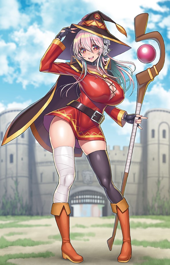 background, belt, big breasts, black thighhighs, boob window, boots, breasts, cape, clothed, collar, cosplay, erect nipples, erect nipples under clothes, female, gloves, headset, kono subarashii sekai ni shukufuku wo!, konosuba, megumin (cosplay), nitroplus, official art, pink hair, red eyes, smile, staff, super sonico, thighhighs, tsuji santa, white thighhighs, witch, witch hat