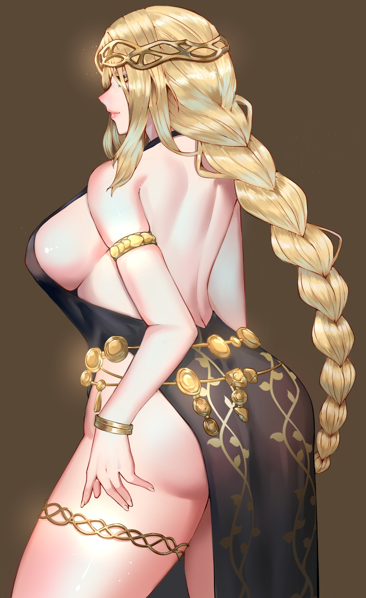1girls, 2025, ass, big breasts, blonde female, blonde hair, braid, braided hair, breasts, brown background, crown, digital media (artwork), dress, elden ring, female, female only, fromsoftware, jewelry, kirvine, large breasts, no visible genitalia, queen marika the eternal, solo, solo female