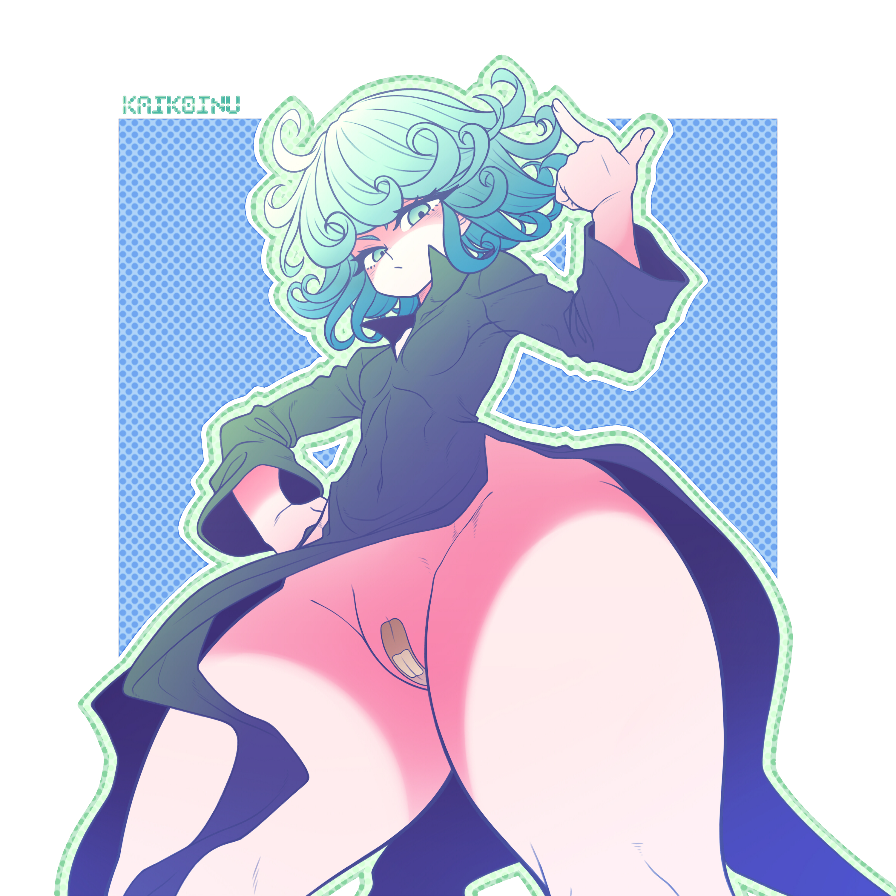 1girls, absurdres, ass, bandaid, bandaid on pussy, bare legs, black dress, black panties, bottom heavy, censored, curvy, dress, female, from below, green eyes, green hair, highres, kaikoinu, looking at viewer, no panties, one-punch man, panties, pussy, shiny, short hair, solo, standing, tatsumaki, thick thighs, thighs, underwear
