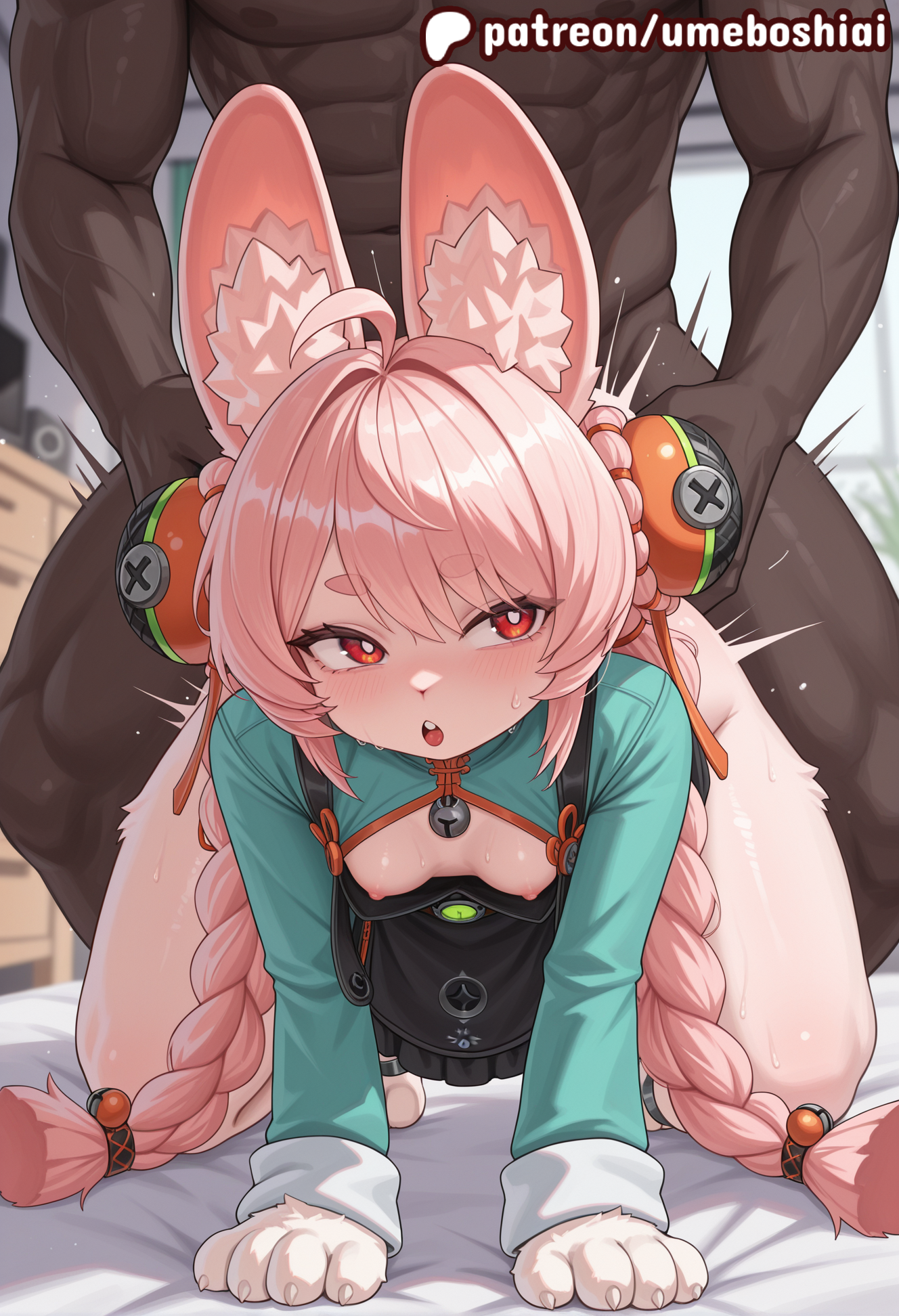 1boy, ahoge, ai generated, all fours, anal, anal sex, animal ear fluff, animal ears, bangs, bedroom, black dress, blurry background, blush, braid, clothed female nude male, dark skin, dark-skinned male, day, dress, eyebrows visible through hair, female, furry, furry female, hair between eyes, hair ornament, highres, hoyoverse, indoors, interracial, long hair, long sleeves, male, mihoyo, netorare, nipples, ntr, penetration, penis, pink hair, rabbit ears, rabbit girl, rabbit tail, red eyes, shirt, small breasts, solo focus, tail, twin braids, twintails, umeboshiai, veins, veiny penis, video game character, zenless zone zero, zhao (zenless zone zero)