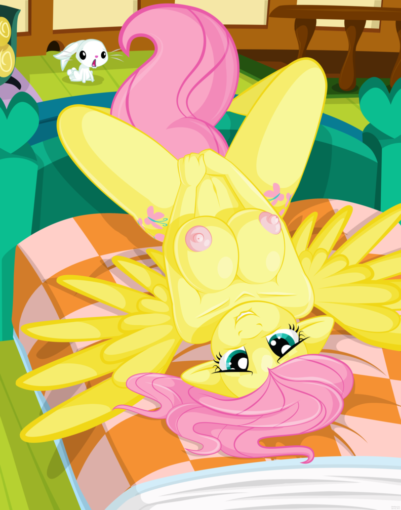 angel_(mlp) animal_ears anthro bed breasts cutie_mark female fluttershy_(mlp) friendship_is_magic green_eyes long_hair looking_at_viewer my_little_pony nipples pink_hair smile straight_hair tail whitmaverick wings