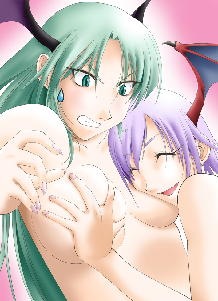 2girls angry bat_wings cute darkstalkers demon_girl female female_only hayashi_custom head_wings incest lilith_aensland morrigan_aensland multiple_girls naked sisters small_breasts succubi succubus tagme