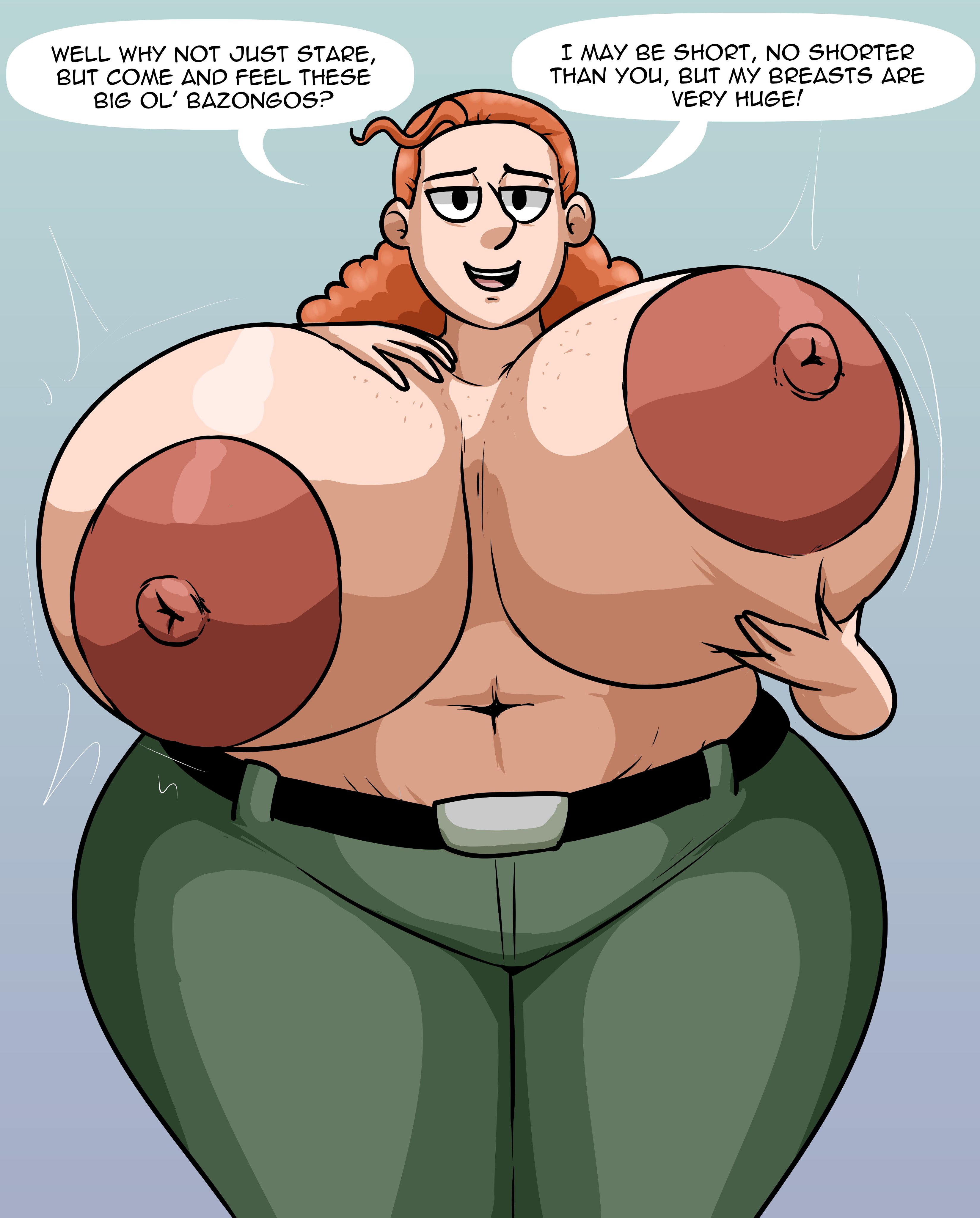 breasts, creature from the lake, dialogue, exposed breasts, female, huge breasts, max1mus, plump, pov, redhead, shelby (creature from the lake), shortstack, speech bubble, thick thighs, topless