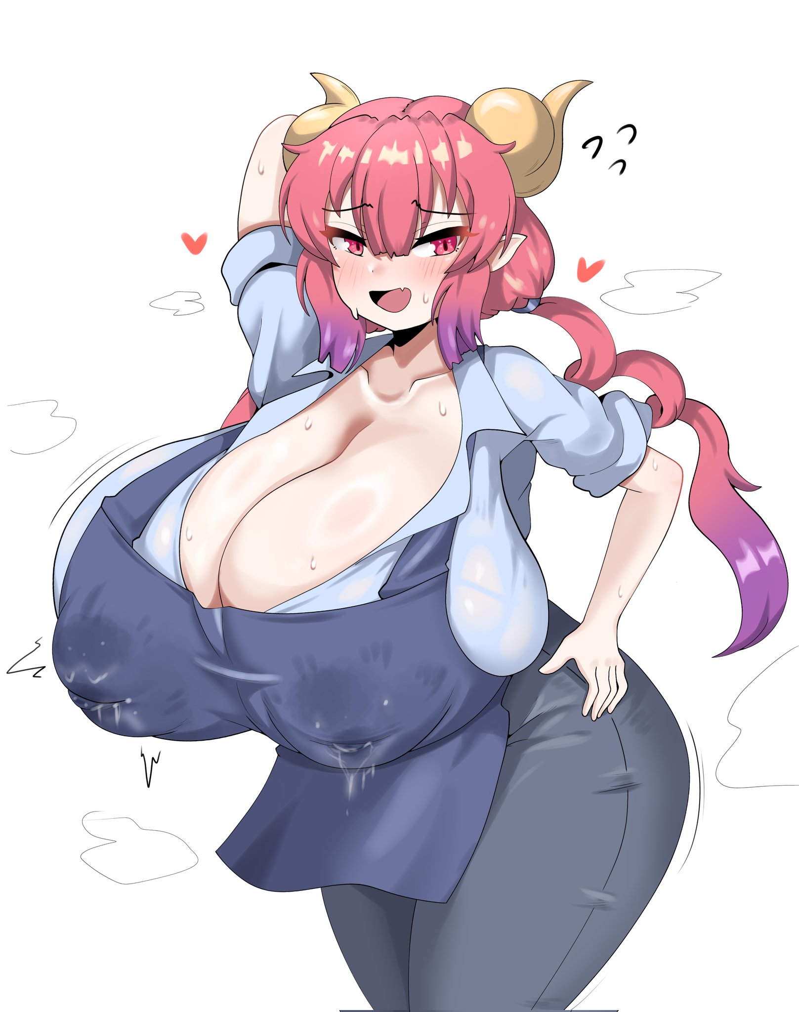:d, abrams (0abrams0), arm behind head, ass visible through thighs, embarrassed, fang, flying sweatdrops, fully clothed, gigantic ass, gigantic breasts, hand on hip, heart, ilulu (dragon maid), inverted nipples, lactation, lactation through clothes, miss kobayashi's dragon maid, nipple bulge, simple background, smile, thick thighs, white background, wide hips