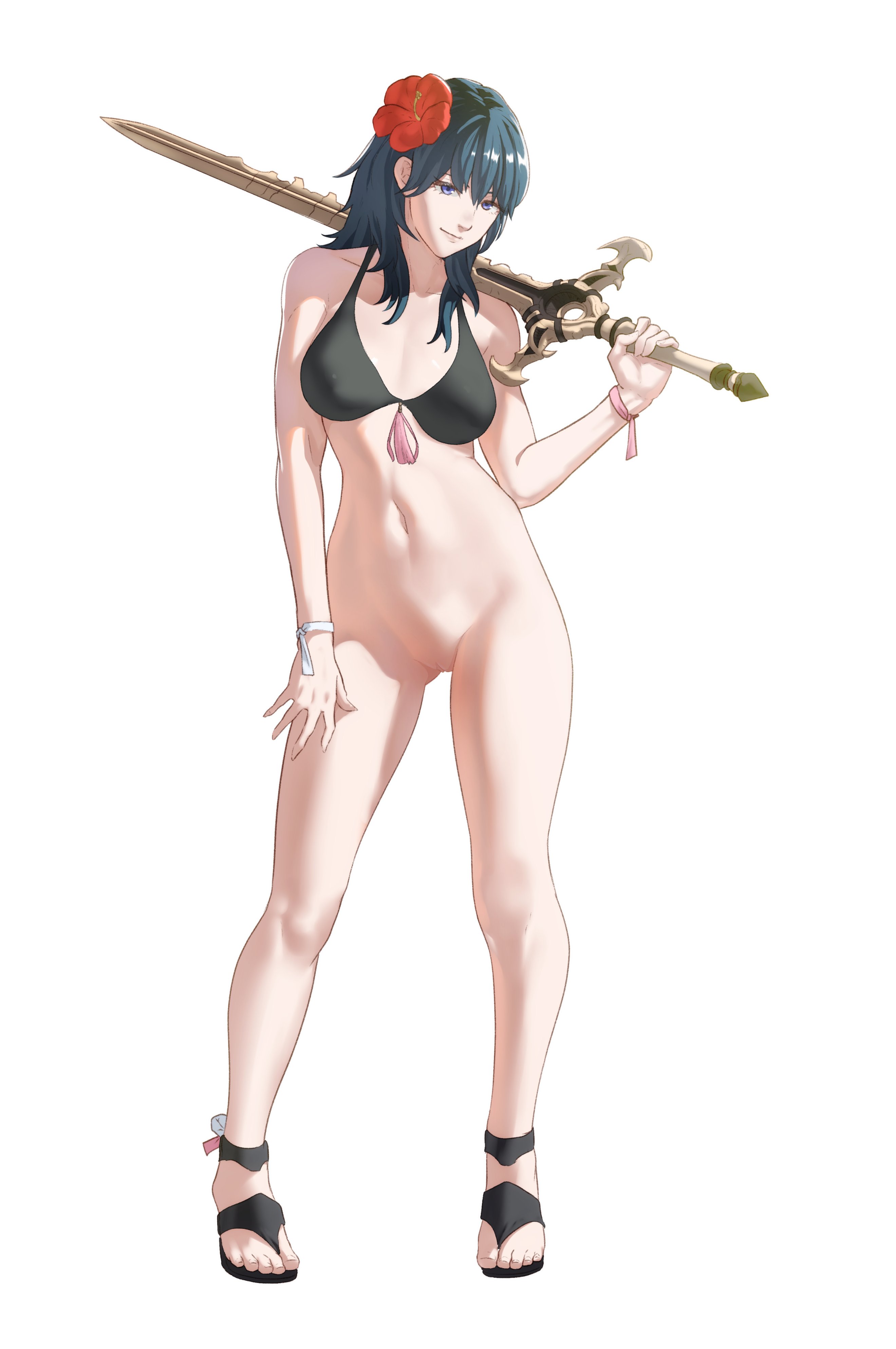1girls, bikini, blue eyes, bottomless, breasts, byleth (fire emblem), byleth (fire emblem) (female), byleth (summer) (fire emblem) (female), casual exposure, exposed pussy, female, female only, fire emblem, fire emblem heroes, fire emblem: three houses, full body, nintendo, pomelomelon, pussy, sandals, solo, swimsuit, sword, teal hair, weapon, white background