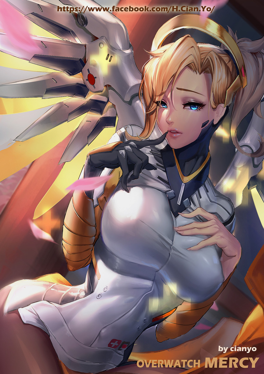 1girls, big breasts, blonde hair, breasts, breasts apart, cianyo, female, finger on lip, hand on breast, mercy, nipple bulge, overwatch