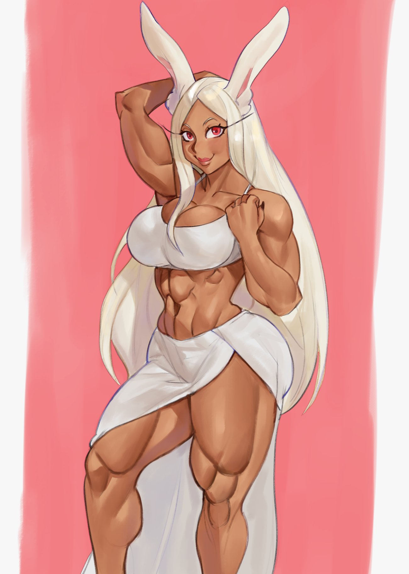1girls, big breasts, boku no hero academia, breasts, bunny ears, bunny girl, busty, cleavage, dark skin, dark-skinned female, dlusional, female, long eyelashes, miruko, muscular, muscular abdomen, muscular abs, muscular female, muscular thighs, my hero academia, red eyes, rumi usagiyama, thick thighs, white hair
