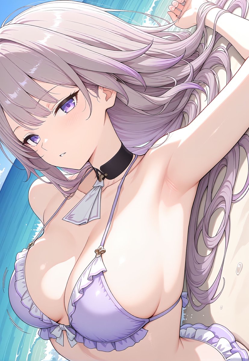1girls, ai generated, armpits, breasts, brown hair, female, herta (honkai: star rail), honkai: star rail, large breasts, long hair, looking at viewer, purple eyes, sideboob, the herta (honkai: star rail)