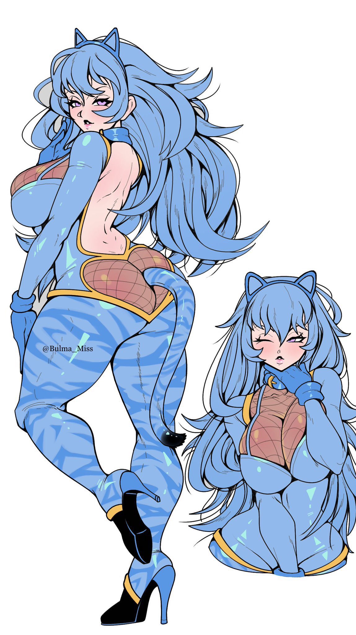 1girls, anal plug, anal tail, ass, back view, big ass, big breasts, big butt, blowing kiss, blue hair, bodysuit, breasts, bubble ass, bubble butt, cat ears, cat girl, cat tail, catgirl, commission, curvy, curvy female, female, front view, high heels, kiwiartsu, oc, original, pale-skinned female, pink eyes, purple eyes, shiny clothes, side view, sideboob, submissive female, thick, thick ass, thick butt, thick legs, thick thighs, thighs, tight clothing, voluptuous, wide hips, wink, winking at viewer
