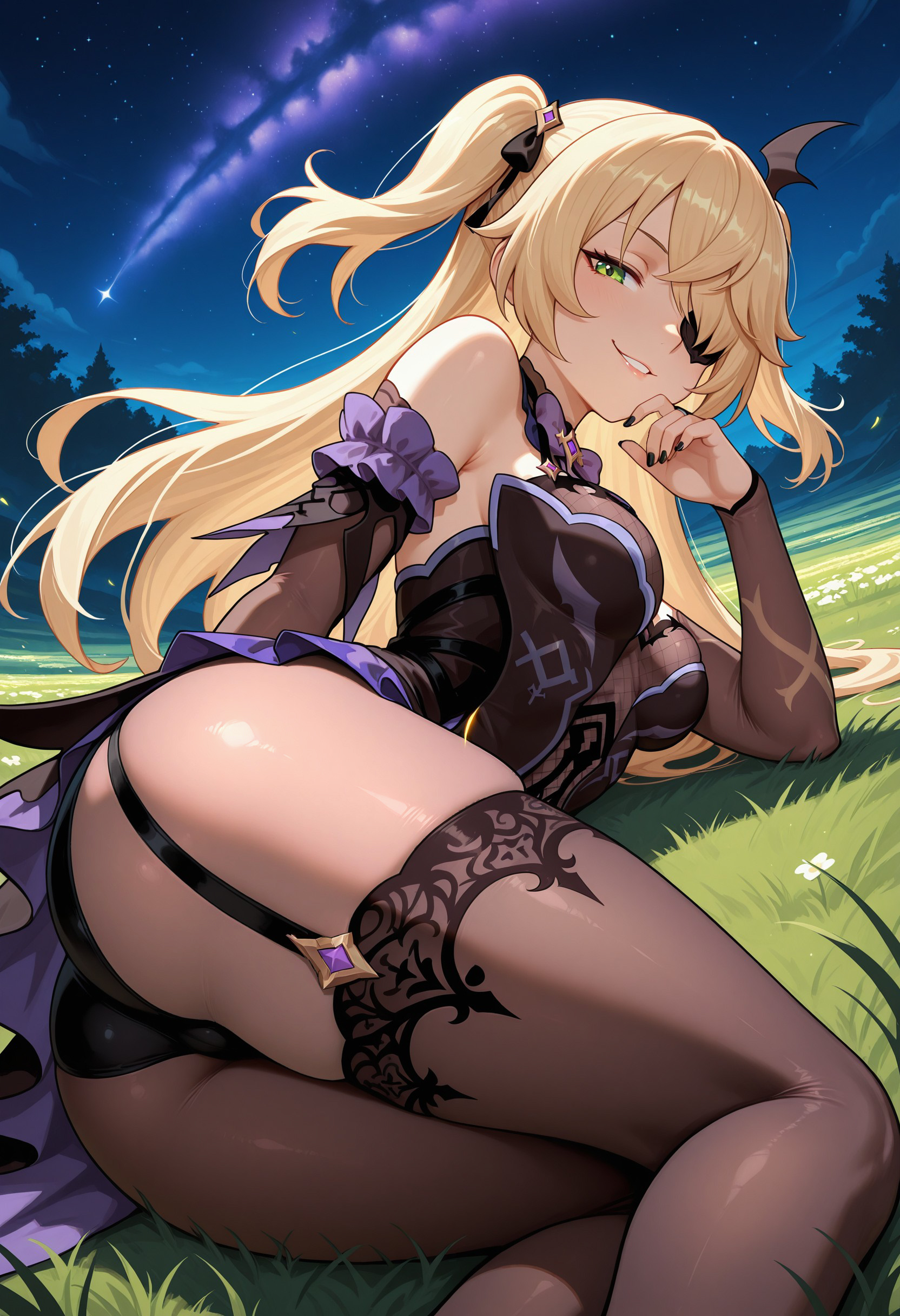 1girls, 2025, ai generated, ass, ass focus, asymmetrical legwear, big ass, big breasts, blonde hair, breasts, eye patch, female, female only, fischl (genshin impact), genshin impact, grass, green eyes, hi res, high quality, high resolution, highres, huge ass, larry7, light-skinned female, night, outdoors, solo, stable diffusion, thighs, two side up