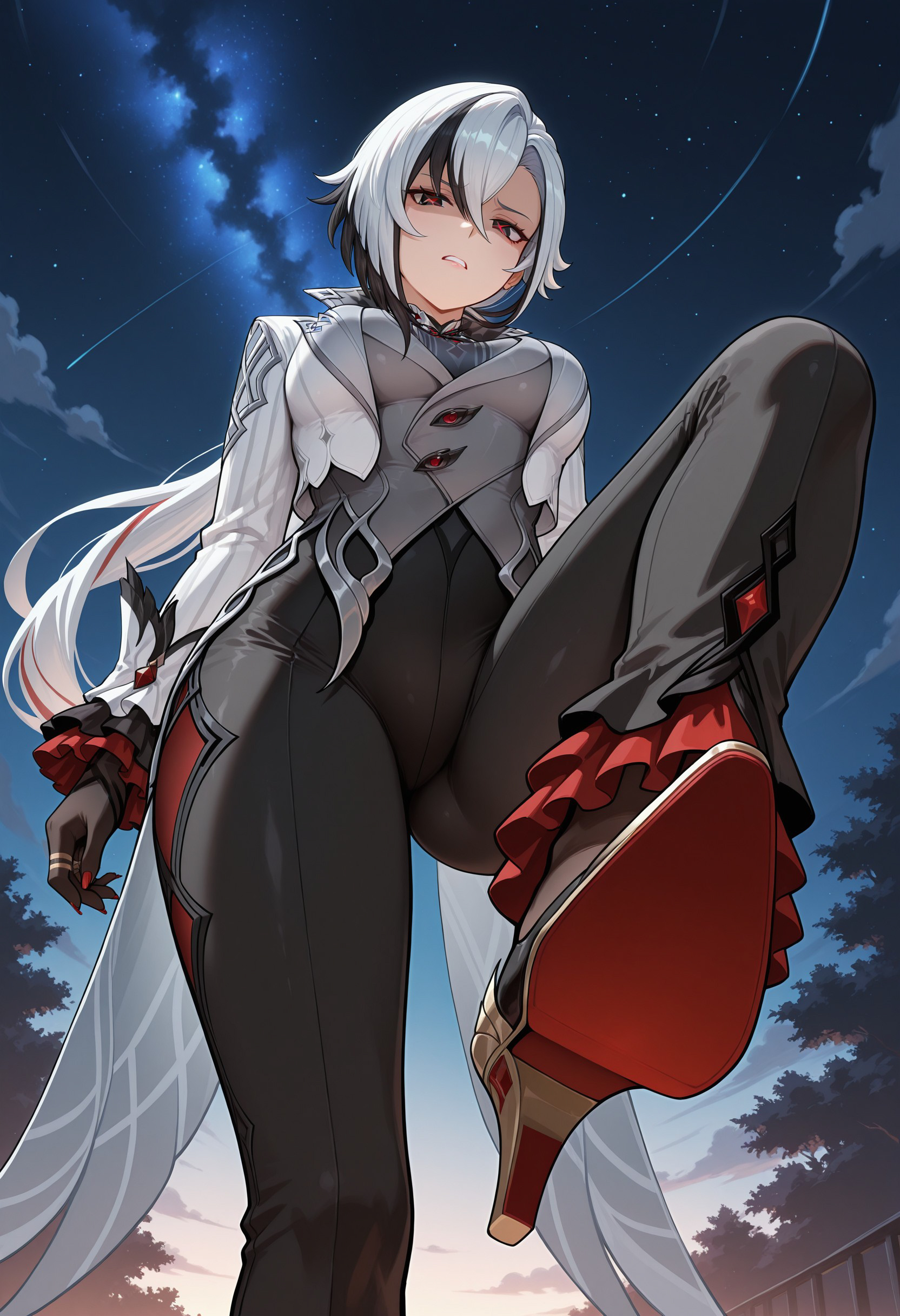 2025, ai generated, arlecchino (genshin impact), black arms, black eyes, black pants, breasts, crotch, female, from below, genshin impact, hi res, high heels, high quality, high resolution, highres, larry7, night, red nails, stable diffusion, stepped on, thighs, two tone hair, very long hair, white hair, white jacket, x-shaped pupils