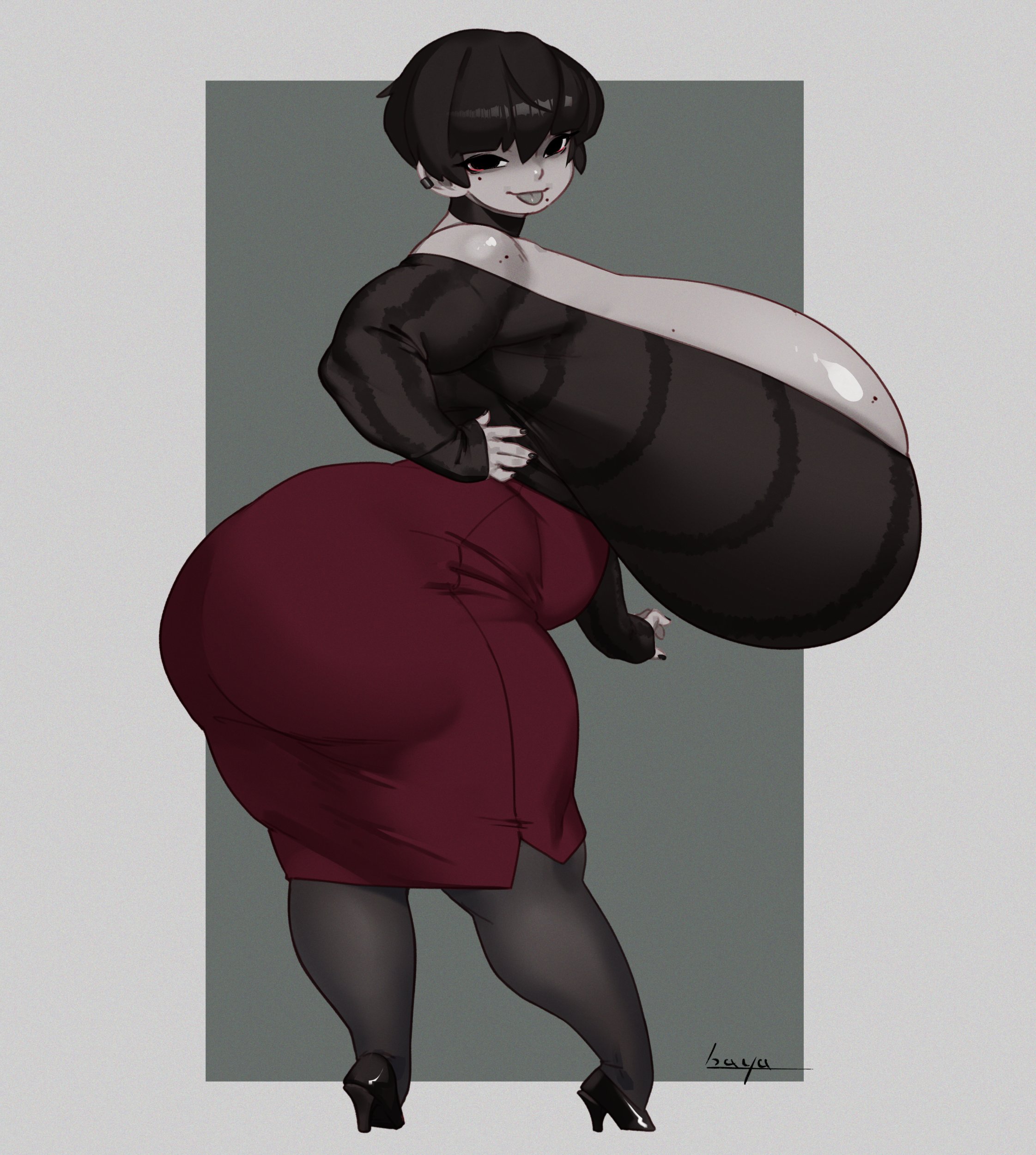1girl, 1girls, artist name, ass, bare shoulders, big ass, black choker, black eyes, black footwear, black hair, black nails, black pantyhose, black sweater, bob cut, breasts, choker, clevage, clothing, curvy, dress, earrings, female, from behind, from side, full body, gigantic breasts, grey background, grey pantyhose, grey skin, hand on own hip, hayabusart, high heels, huge ass, huge breasts, jewelry, large breasts, long sleeves, looking at viewer, looking back, makeup, massive breasts, mischa (hayabusart), mole, mole on breast, mole under eye, mole under mouth, monochrome, multiple moles, nail polish, off shoulder, off-shoulder sweater, painted nails, pale skin, pale-skinned female, pantyhose, pencil skirt, piercing, red skirt, shoes, short hair, shortstack, skirt, sleeves past wrists, smile, solo, standing, stockings, sweater, teeth, thick thighs, thighs, tongue, tongue out, tongue piercing, wide hips