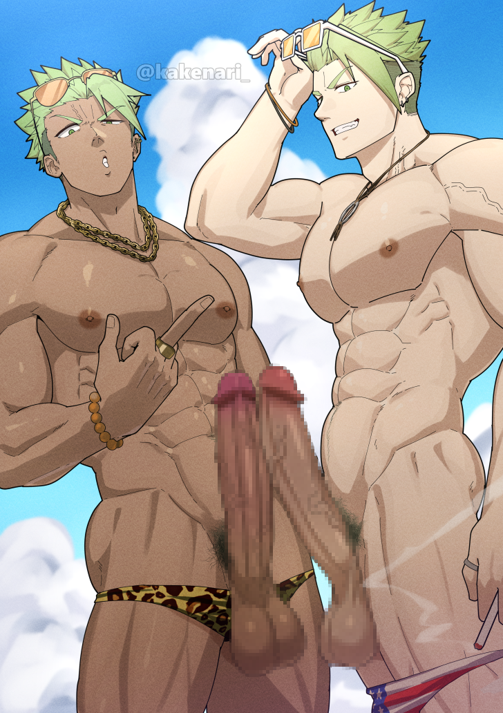 2boys, abs, american flag, bara, big penis, erect penis, erection, fit male, gay, gay male, hard on, homosexual, kakenari, leopard print, long penis, male, male only, muscles, muscular, muscular male, penis, thong, yaoi