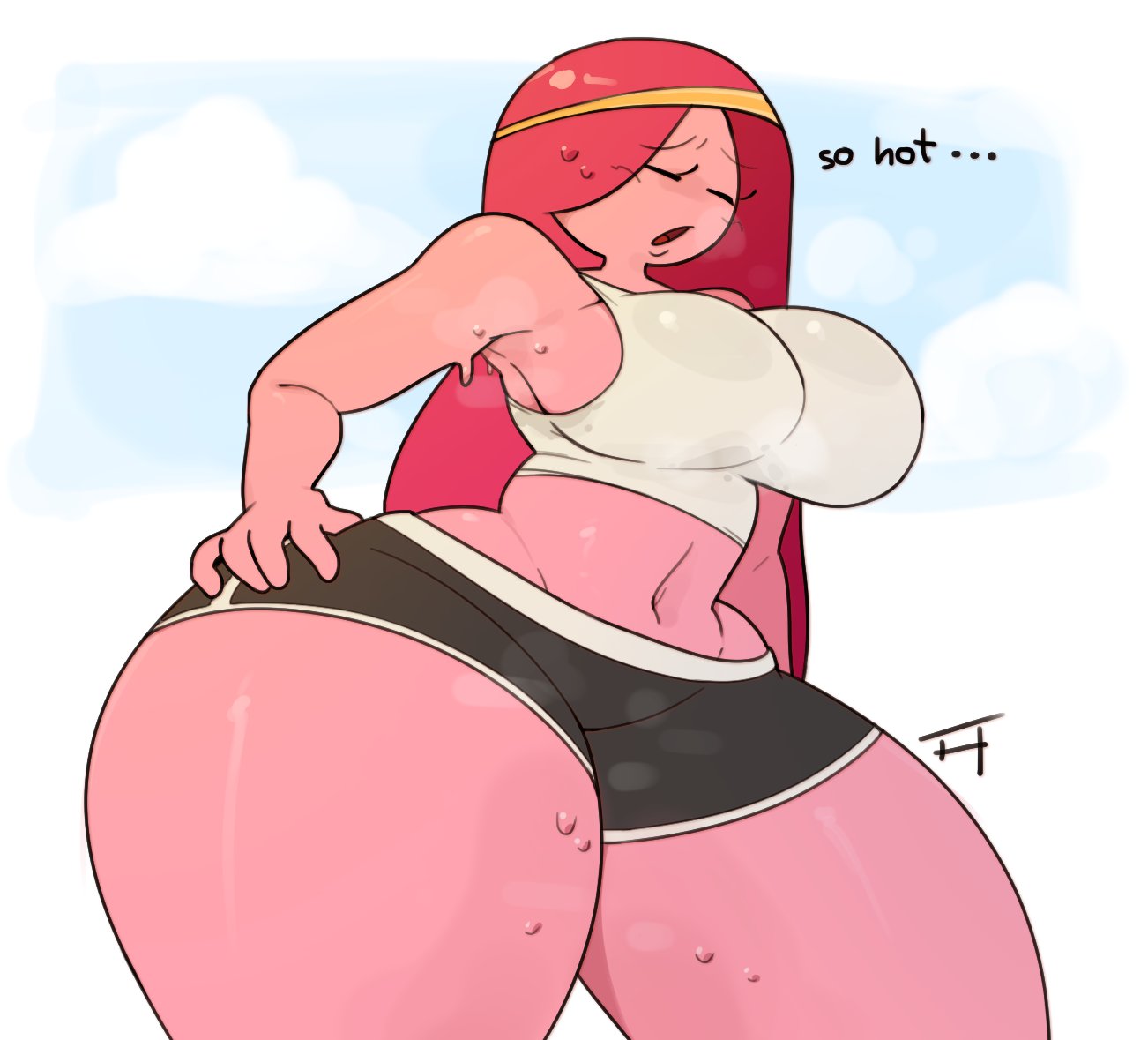 adventure time, aka h, aka the h, big, big ass, big breasts, big thighs, breasts, clothed, clothing, female, huge ass, huge thighs, pink body, pink hair, pink skin, princess bubblegum, solo, sweat, sweating, text, thick thighs