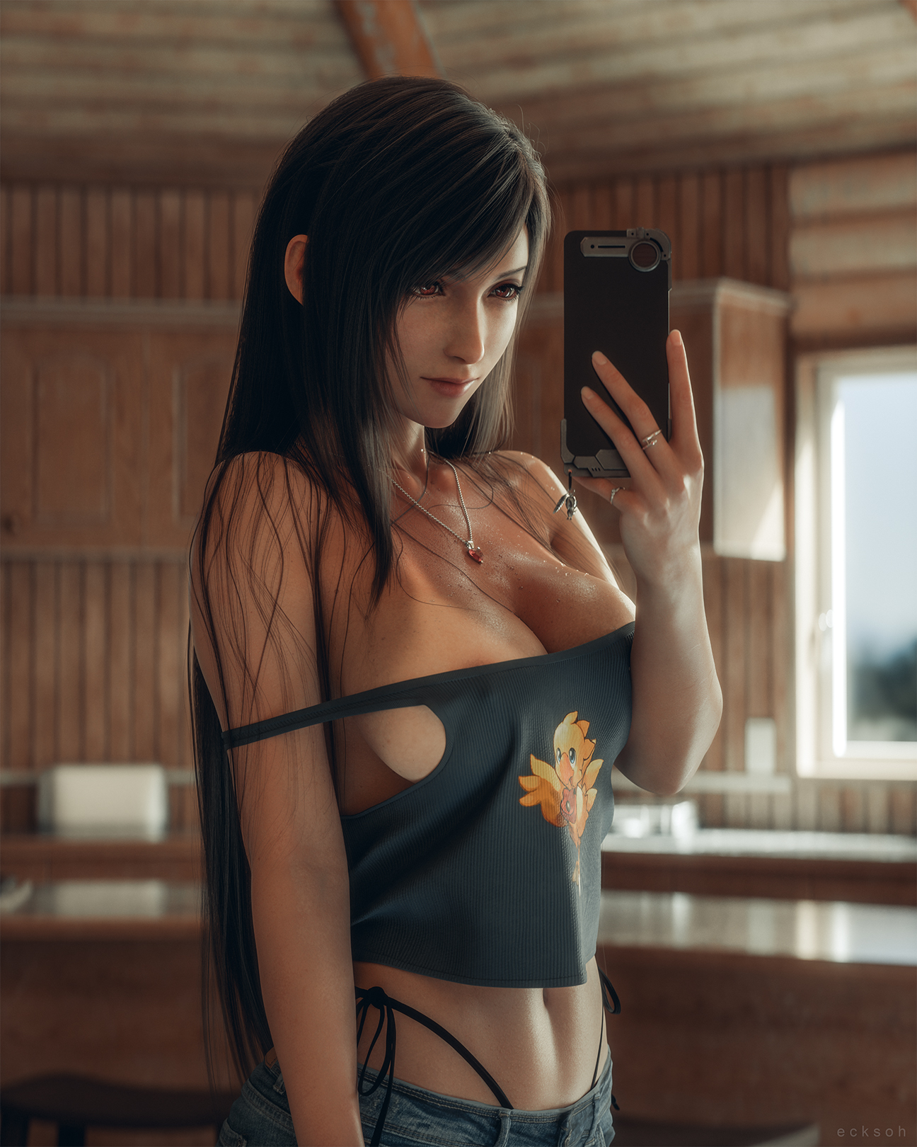 1girls, 3d, big breasts, black hair, breasts, cellphone, denim, ecksoh, female, female only, final fantasy vii, human, large breasts, light skin, light-skinned female, long hair, no bra, phone, selfie, shirt, smartphone, solo, standing, taking picture, tanline, tanned, tanned female, tanned skin, tifa lockhart