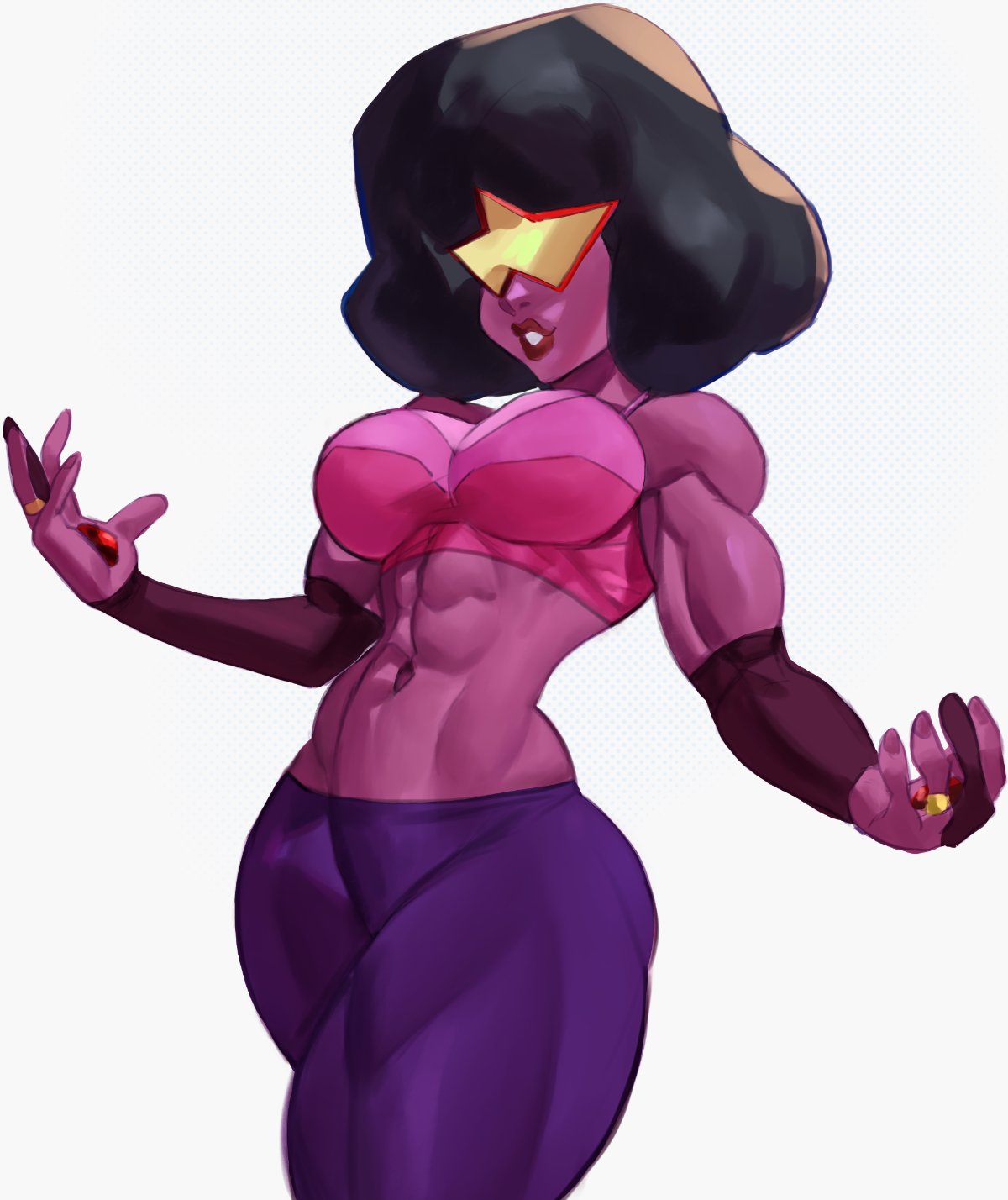 1girls, afro, big breasts, black hair, breasts, busty, cartoon network, dlusional, female, garnet (steven universe), gem (species), gem fusion, midriff, muscular, muscular female, muscular thighs, purple skin, steven universe, thick thighs, tight clothing, tight pants, visor (eyewear), white background