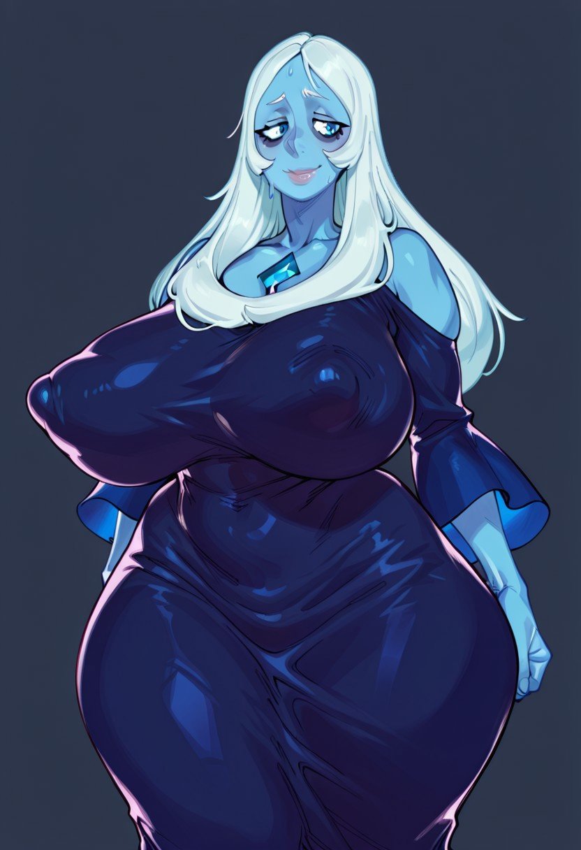 ai generated, blue diamond (steven universe), blue skin, breasts, curvaceous, curvy, curvy female, curvy figure, curvy hips, dress, female, gravure soraka, huge breasts, massive breasts, mature, mature female, neckline, nervous smile, steven universe