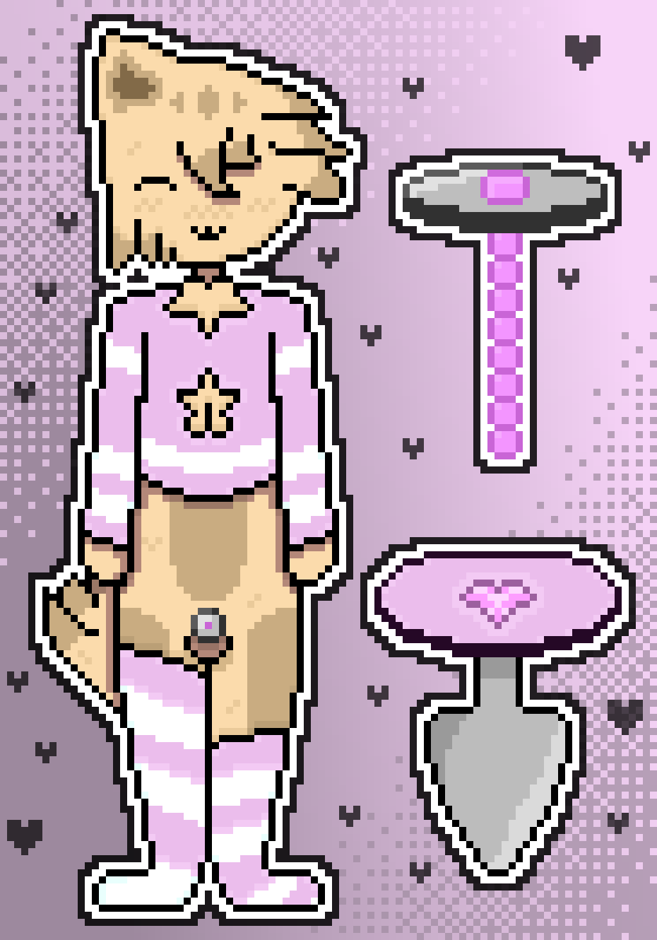 :3, .3, 1boy, 1femboy, 1furry, alternate version available, androgynous, animal genitalia, blush, bra, buttplug, cat boy, cat ears, catboy, catsune, chastity cage, chastity device, cleavage, cleavage cutout, close up, close-up, closed eyes, crop top, crop top hoodie, english text, femboy, femboy only, flat chastity cage, fox tail, full body, fur, furry, furry only, genitals, hand warmers, harry (sh4rdz), hoodie, kitsune tail, male, male only, markings, one eye covered, original, original character, penis, pixel (artwork), pixel art, self insert, self upload, sh4rdz (artist), small penis, tagme, thick, thighhighs, thighs, urethral, urethral insertion