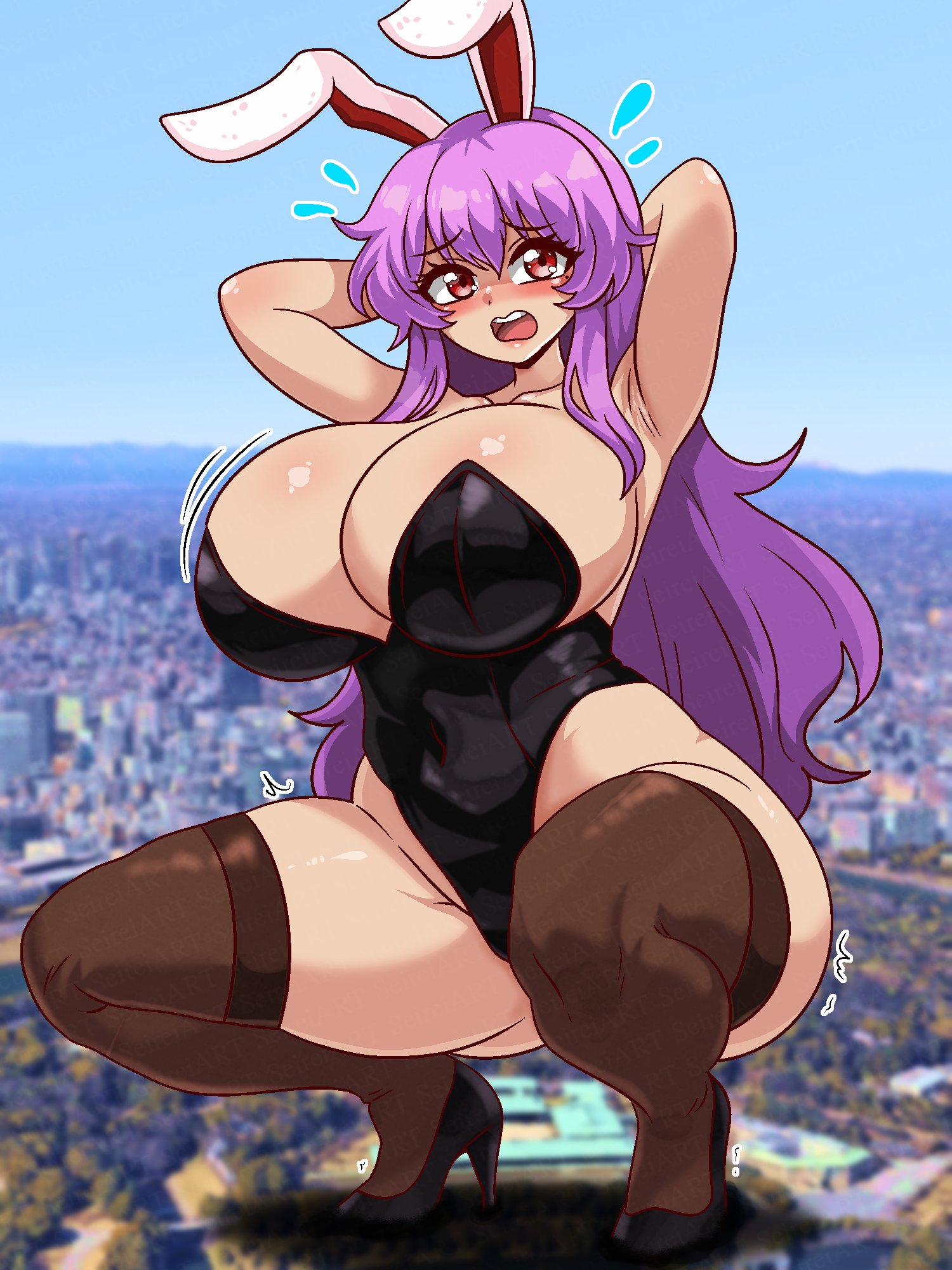 1girls, armpits, arms behind head, big breasts, breasts, bunny ears, bunnysuit, curvy, female, giantess, hands behind head, heels, high heels, huge breasts, light skin, light-skinned female, long hair, looking at viewer, photo background, purple hair, red eyes, reisen udongein inaba, seireiart, solo, squatting, tagme, thick thighs, thighhighs, touhou