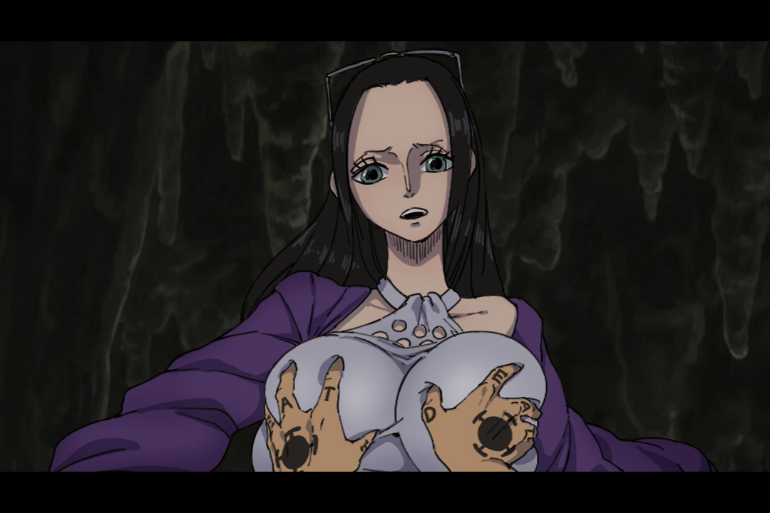 1boy, 1girls, black hair, black-haired female, breast grab, breasts, cave, clothed, duo, eyelashes, eyewear, faceless male, female, green eyes, halterneck, hand tattoo, huge breasts, human, long hair, looking at viewer, male, nico robin, one piece, open mouth, post-timeskip, solo focus, stalactite, straight, sunglasses, sunglasses on head, tattoo, trafalgar law, very long hair, xshuai