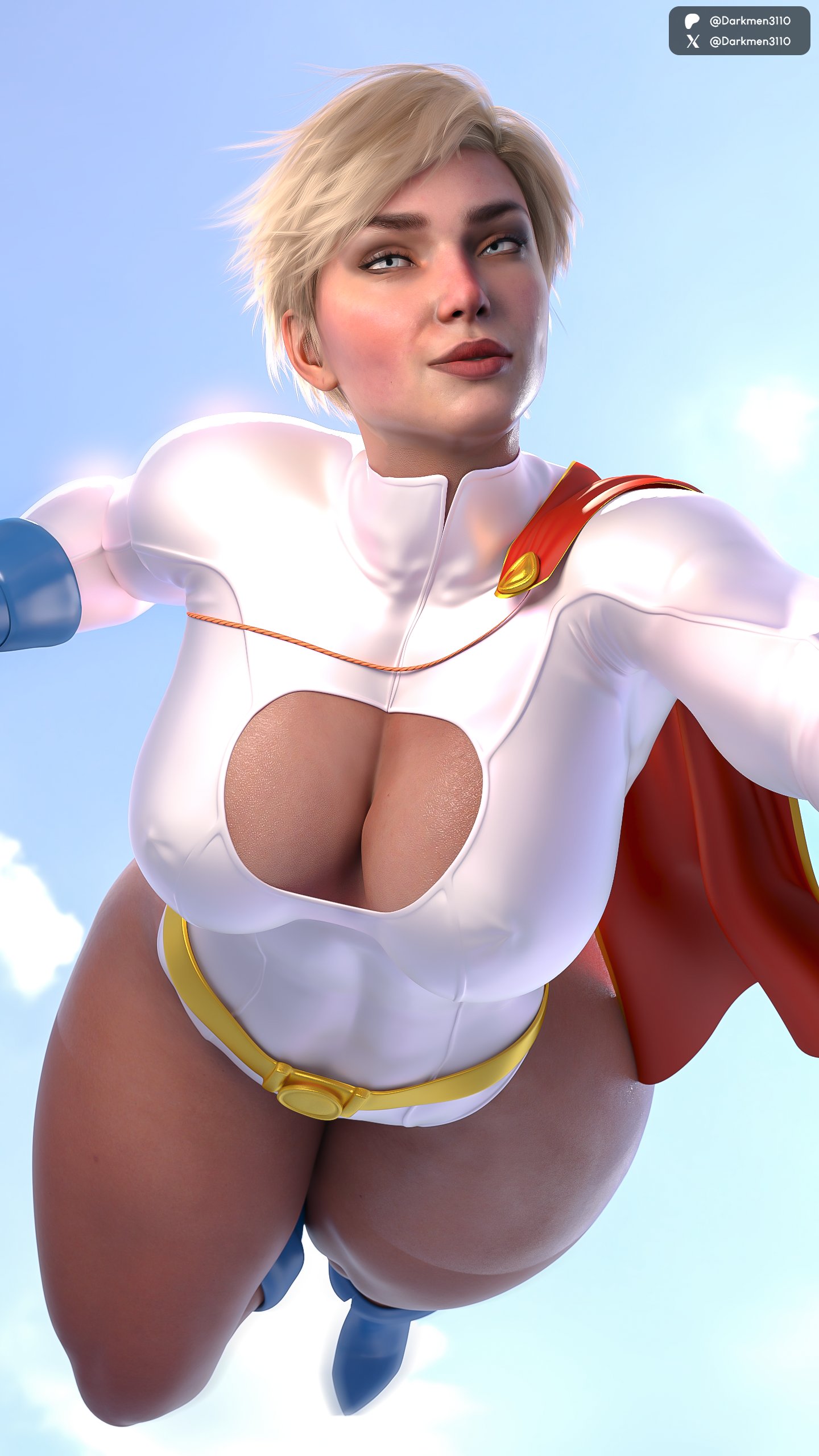 1girls, 2026, 3d, alternate version available, blonde hair, blue eyes, blue gloves, boob window, boots, breasts, cape, covered breasts, darkmen3110, dc, dc comics, erect nipples, erect nipples under clothes, eyeshadow, female, female only, flying, front view, gloves, hero costume, heroine, huge breasts, image set, karen starr, leotard, lipstick, looking at viewer, nipple bulge, pokies, power girl, red lipstick, short hair, skintight, sky background, solo, superman (series), thick thighs, thighs, toned, toned female, waist belt