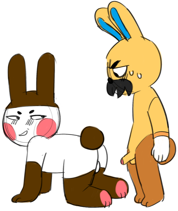 animal_crossing anthro ass backsack balls bobbed_tail bodily_fluids chibi duo facial_hair gaston_(animal_crossing) genitals genji_(animal_crossing) lagomorph leporid looking_back male male/male mammal moustache nintendo nozoku nude penis presenting presenting_hindquarters rabbit simple_background sweat video_games