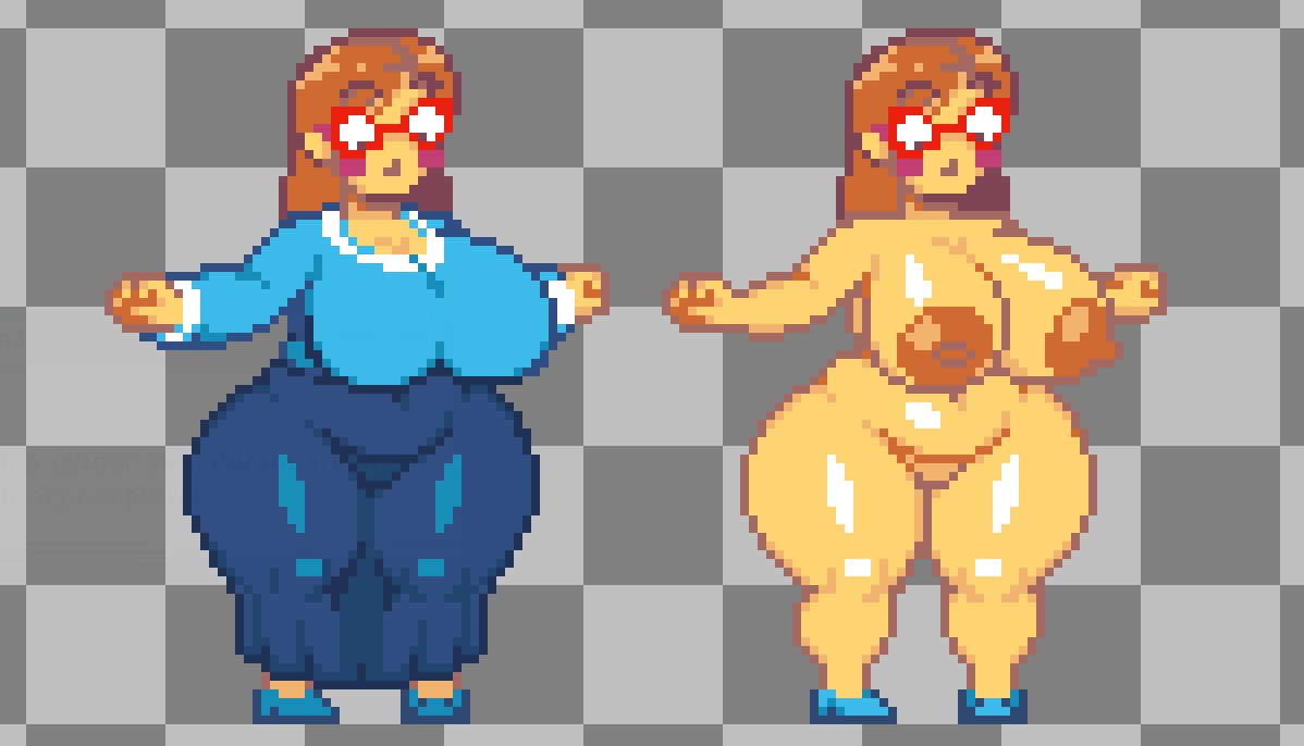 2girls, areolae, breasts, curvy, female, huge breasts, kindergarten (game), kindergarten 3, ms. lovelett, nipples, pixel art, tagme