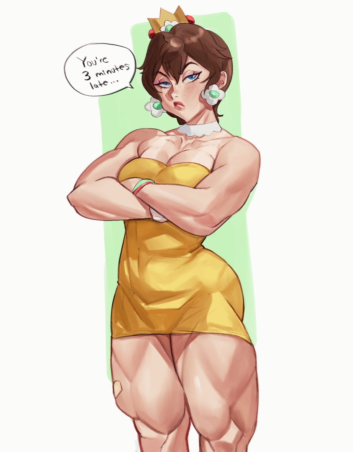 1girls, annoyed expression, arms crossed, blue eyes, brown hair, crown, dlusional, earrings, english text, female, light skin, light-skinned female, mario (series), muscular, muscular female, muscular thighs, nintendo, princess daisy, short dress, short hair, speech bubble, yellow dress
