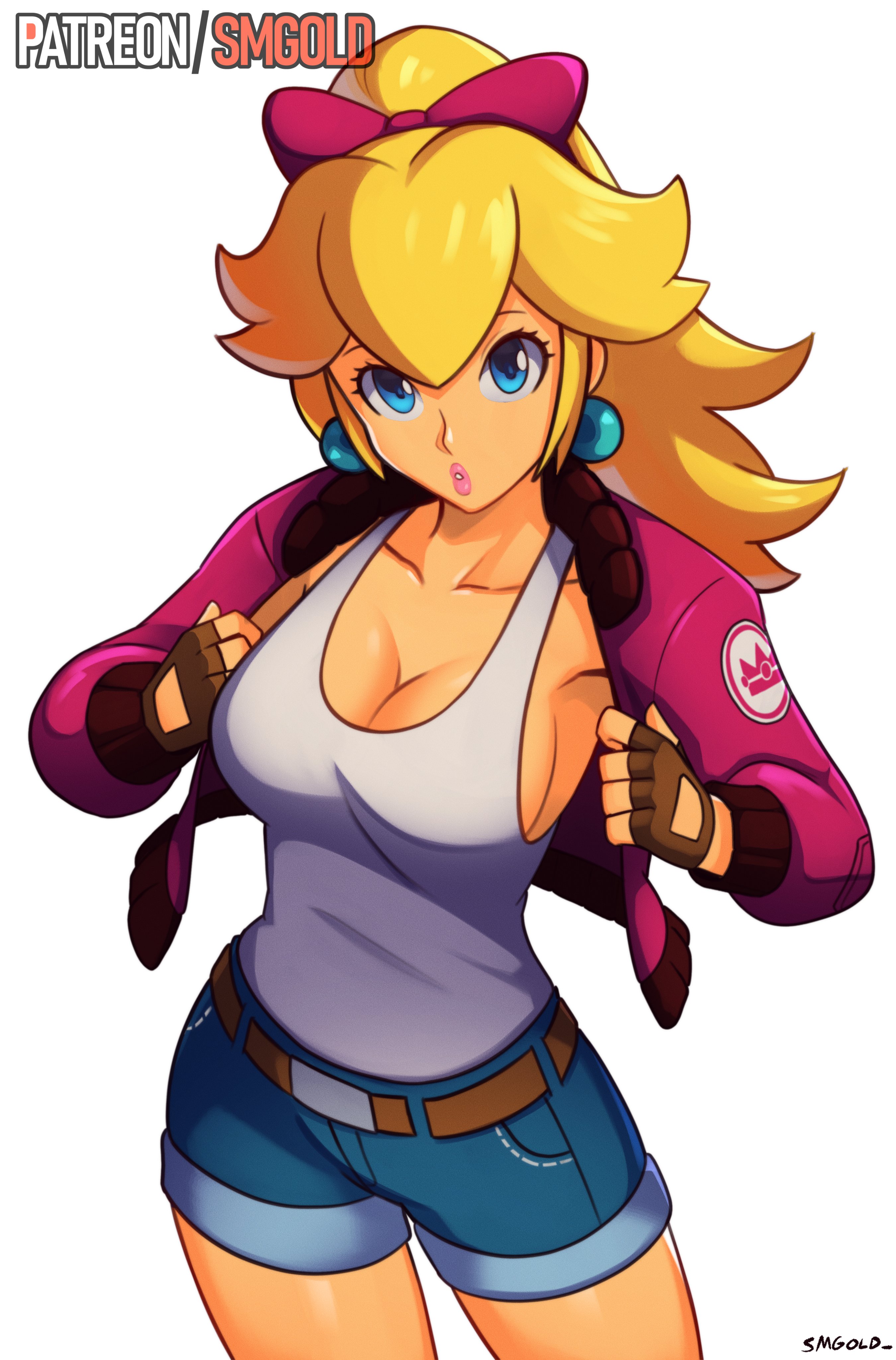 1girls, artist name, big breasts, blonde hair, breasts, busty, cleavage, denim, denim shorts, earrings, female, hairbow, jacket, jean shorts, light skin, light-skinned female, mario (series), mario kart, mario kart world, nintendo, ponytail, princess peach, princess peach (touring), smgold, tank top, white background