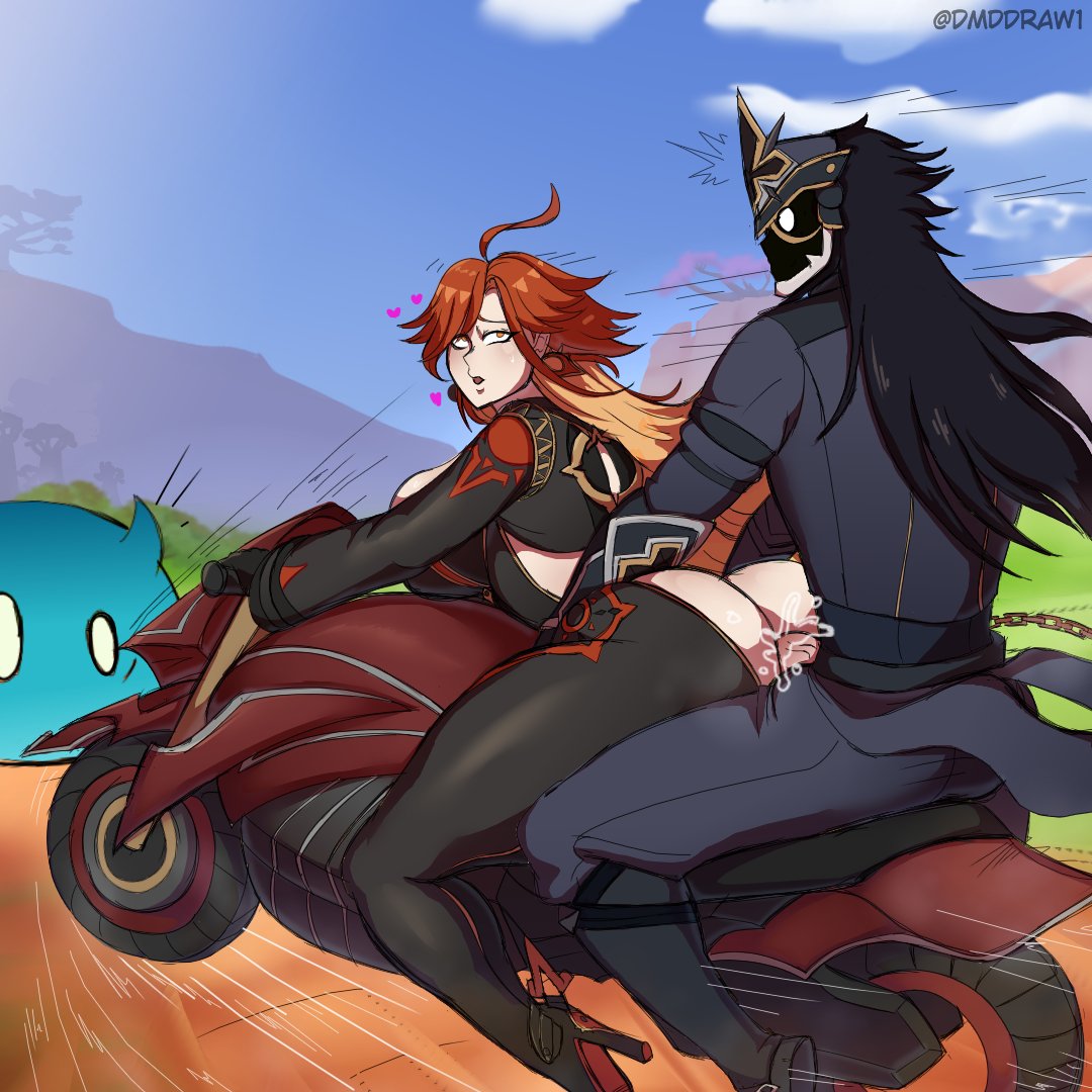 1boy, 1girls, anal, blush, breasts, capitano (genshin impact), curvy, dmddraw1, duo, female, from behind, genshin impact, high resolution, hoyoverse, huge ass, huge breasts, hydro slime (genshin impact), light skin, light-skinned female, light-skinned male, male, mavuika (genshin impact), mihoyo, motorcycle, on motorcycle, penis, precum, sex, tagme