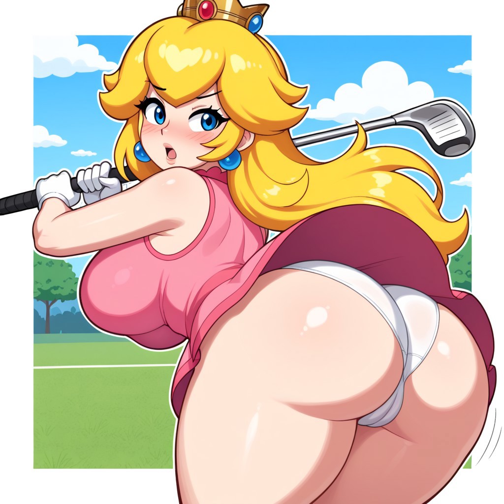 ai generated, ass, ass focus, bare shoulders, bent over, big ass, blonde hair, blue eyes, blush, breasts, cameltoe, civitai, crown, curta1nss, curvy, dress, dress lift, earrings, female, gloves, golf club, holding, holding golf club, jewelry, large breasts, long hair, looking at viewer, looking back, mario (series), mario golf, nintendo, panties, princess peach, pussy, self-upload, short dress, super mario bros., tagme, thick thighs, underwear, upskirt, white panties, wide hips, wind lift
