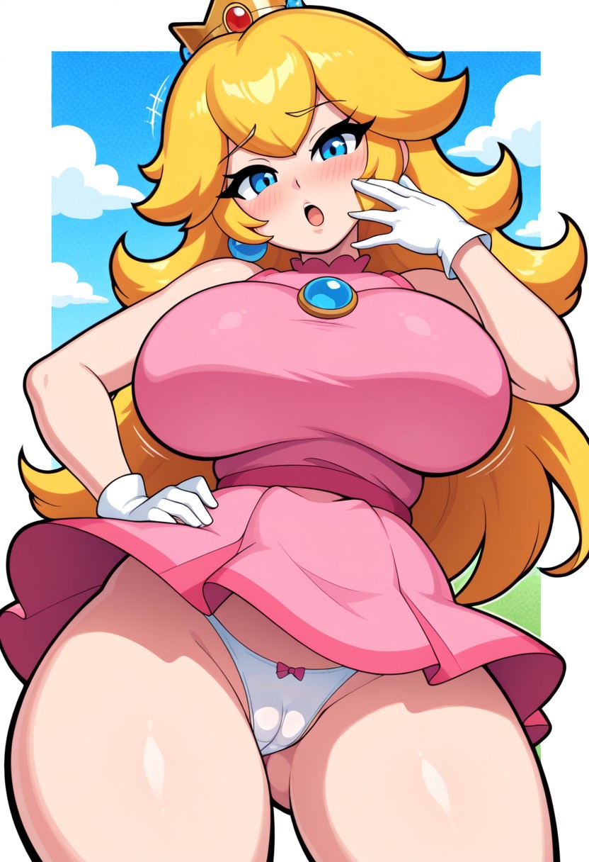 ai generated, blonde hair, blue eyes, blush, breasts, cameltoe, clothes lift, crown, curta1nss, curvy, dress, dress lift, earrings, female, gloves, hand on own hip, jewelry, large breasts, long hair, looking at viewer, mario (series), nintendo, panties, pink dress, princess peach, pussy, self-upload, short dress, solo, thick thighs, thighs, underwear, upskirt, white panties, wide hips, wind lift
