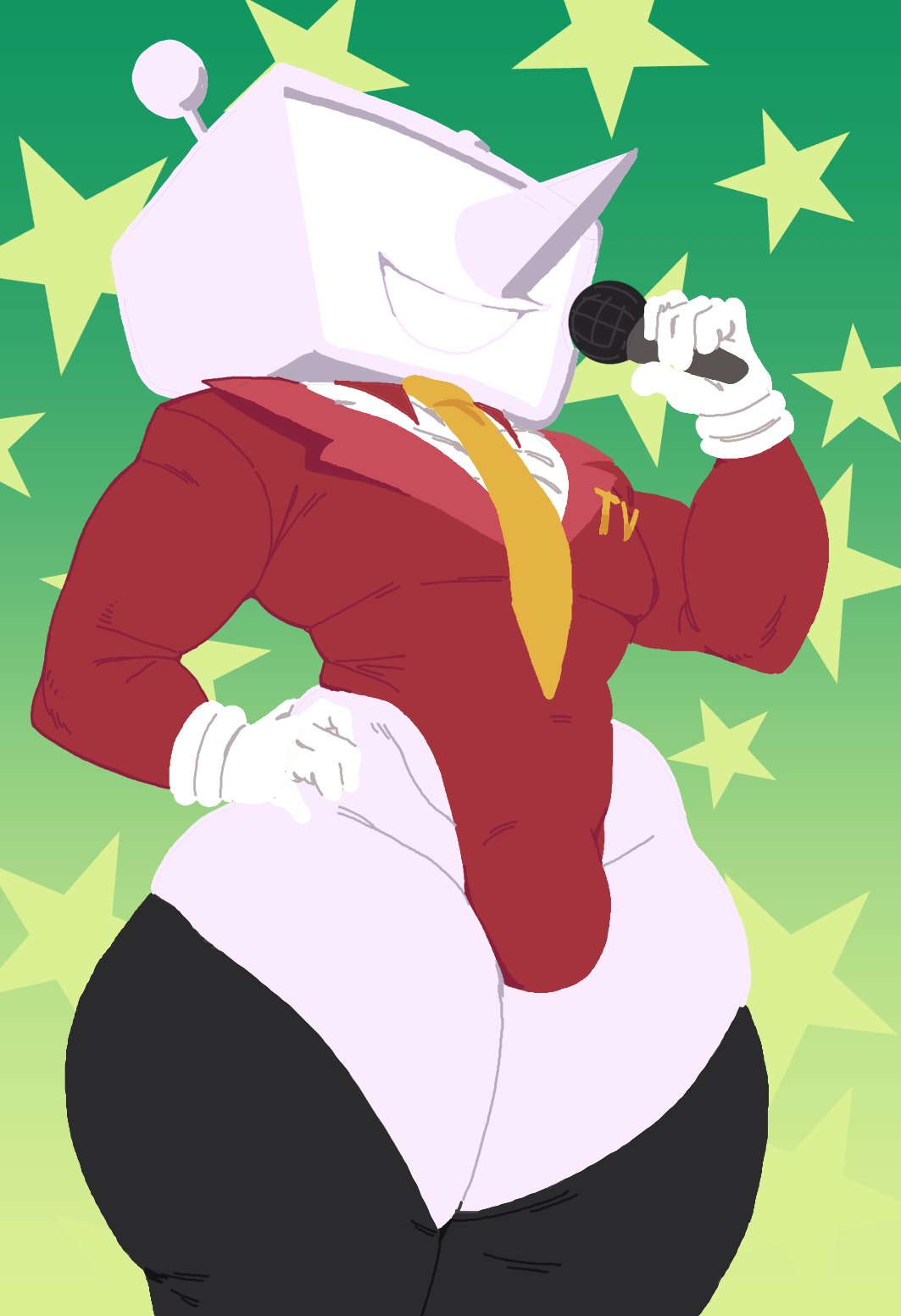 1boy, bulge, deltarune, koi alive, literallyhornyk, male, male only, non-human, object head, solo, tenna (deltarune), thick thighs, thighs, toony, tv head, yellow tie