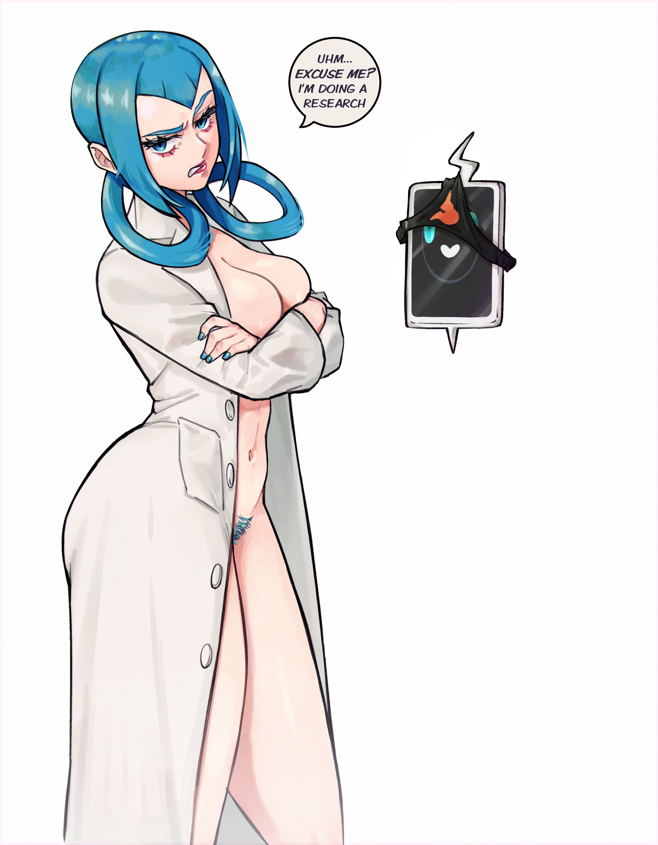 1girls, blue nails, breasts, english text, female, female focus, female only, functionally nude, game freak, hentaly, labcoat, labcoat only, large breasts, light skin, light-skinned female, looking at viewer, mable (pokemon legends: z-a), mable (pokemon), momiji (pokemon legends: z-a), momiji (pokemon), nail polish, nintendo, pokemon, pokemon legends: z-a, pubic hair, text, thick thighs, thighs, white background, wide hips
