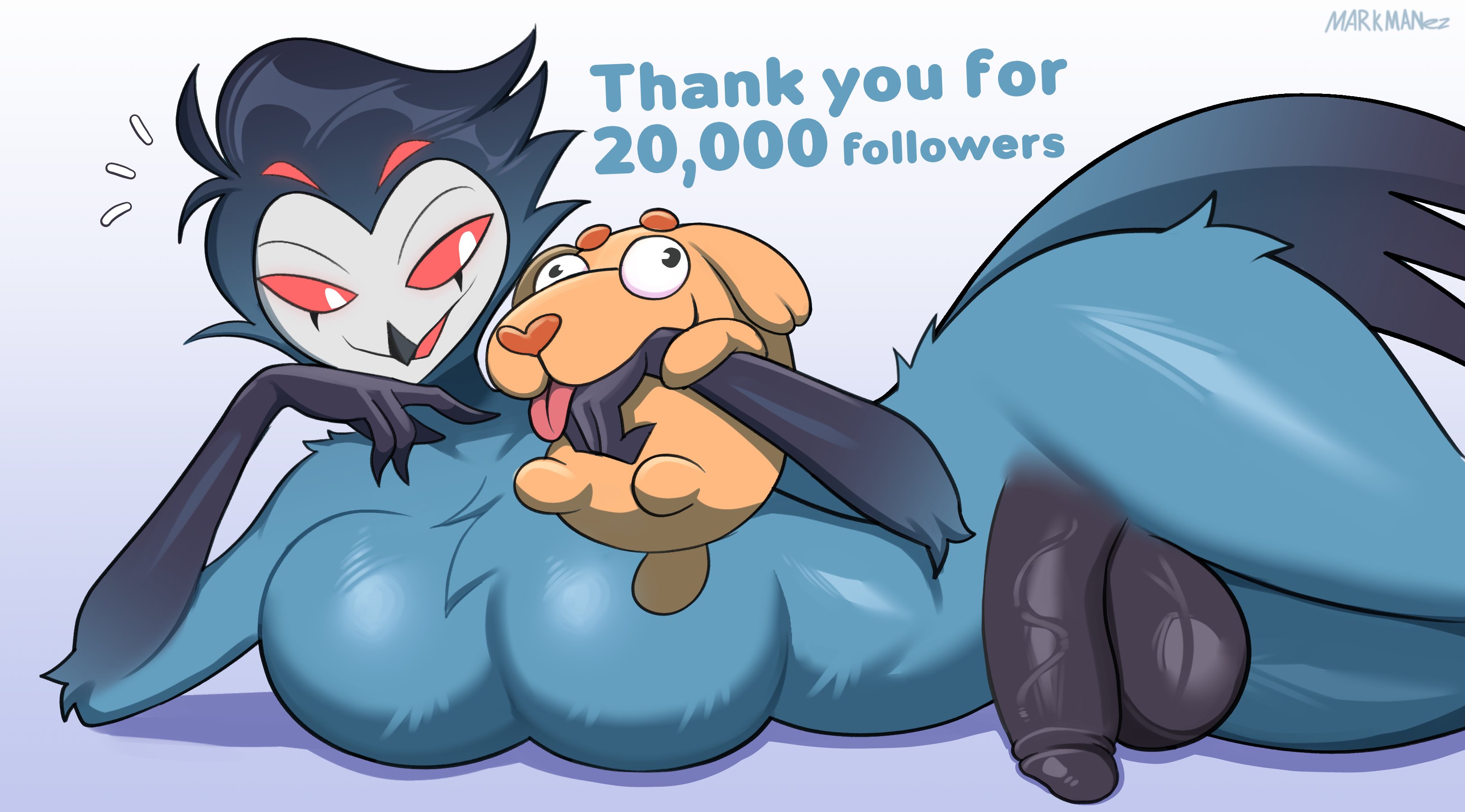anthro, balls, big balls, big penis, busty male, femboy, femboy dilf, fluffy chest, follower celebration, furry, helluva boss, laying down, male, markmanez, penis, red eyes, stolas (helluva boss)